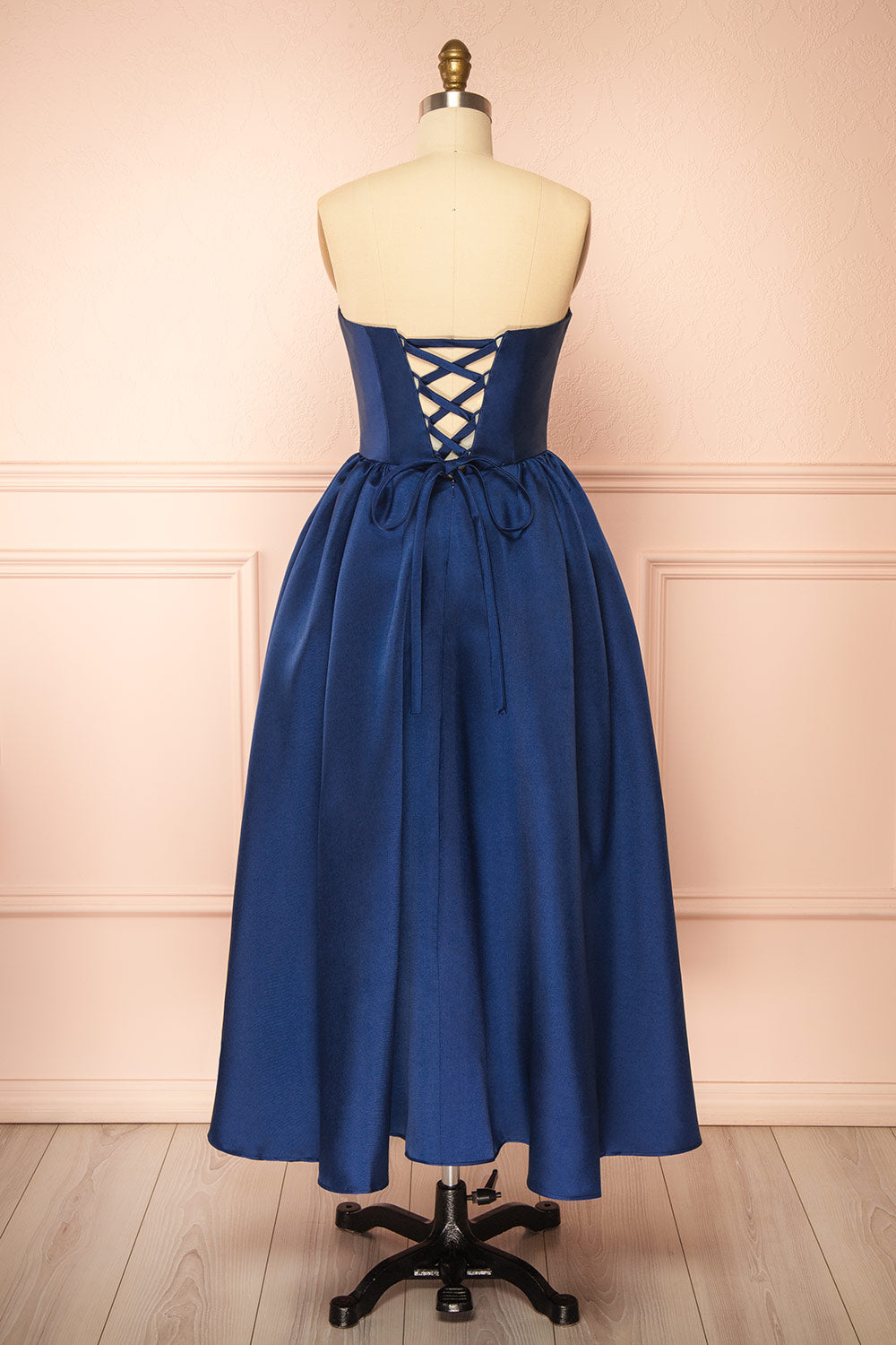 Thalya Navy Long Satin Dress with Fitted Bodice and Pockets | Boutique 1861 back view