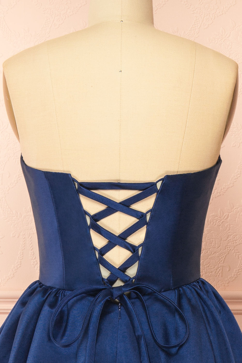 Thalya Navy Long Satin Dress with Fitted Bodice and Pockets | Boutique 1861 back