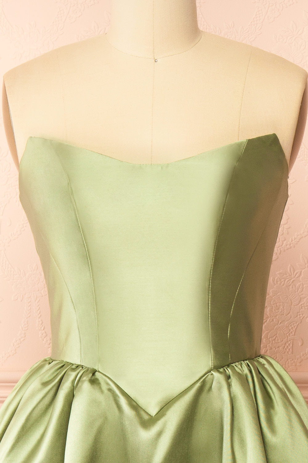 Thalya Sage Long Satin Dress with Fitted Bodice and Pockets | Boutique 1861 front