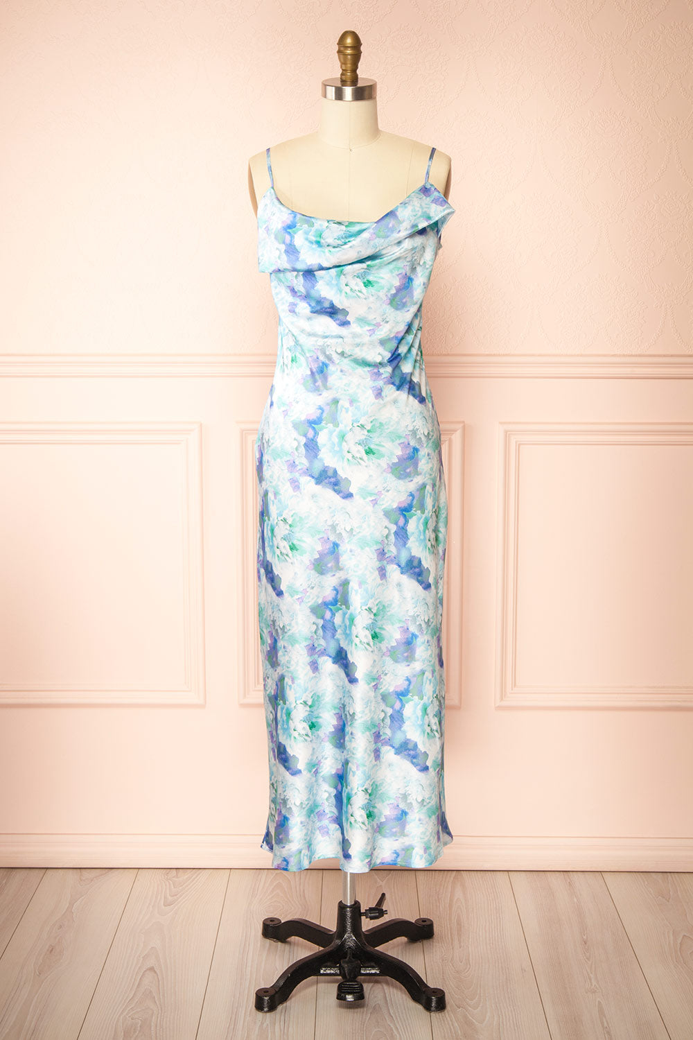 Theana Long Dress with Blue Floral Pattern | Boutique 1861 front view