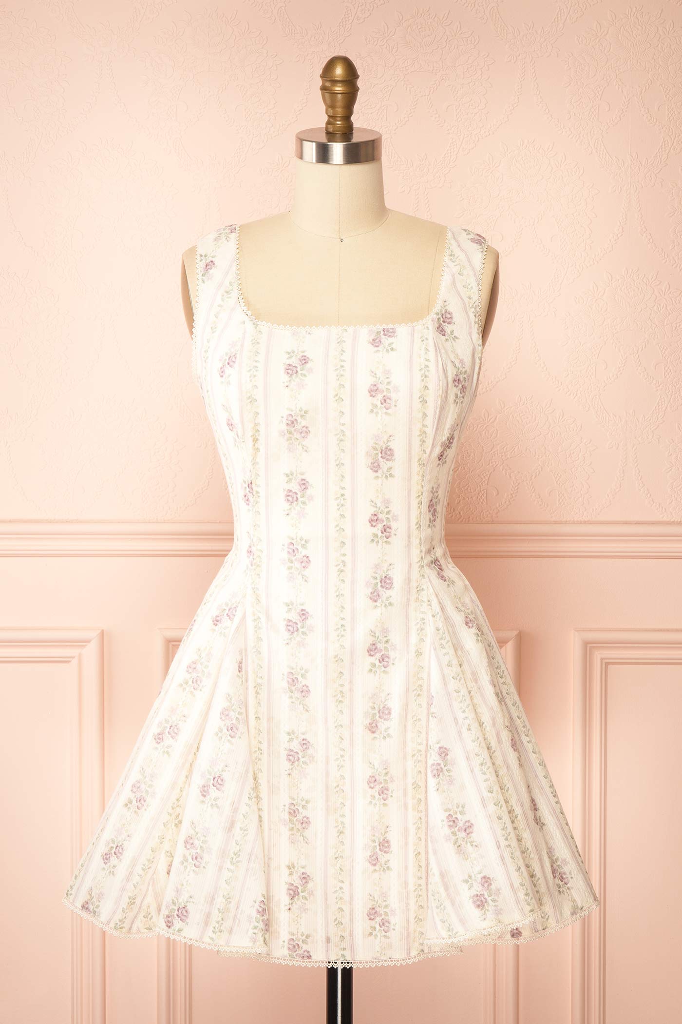 Frontview Theane Mauve Floral Short Dress with Back Bow at la boutique 1861