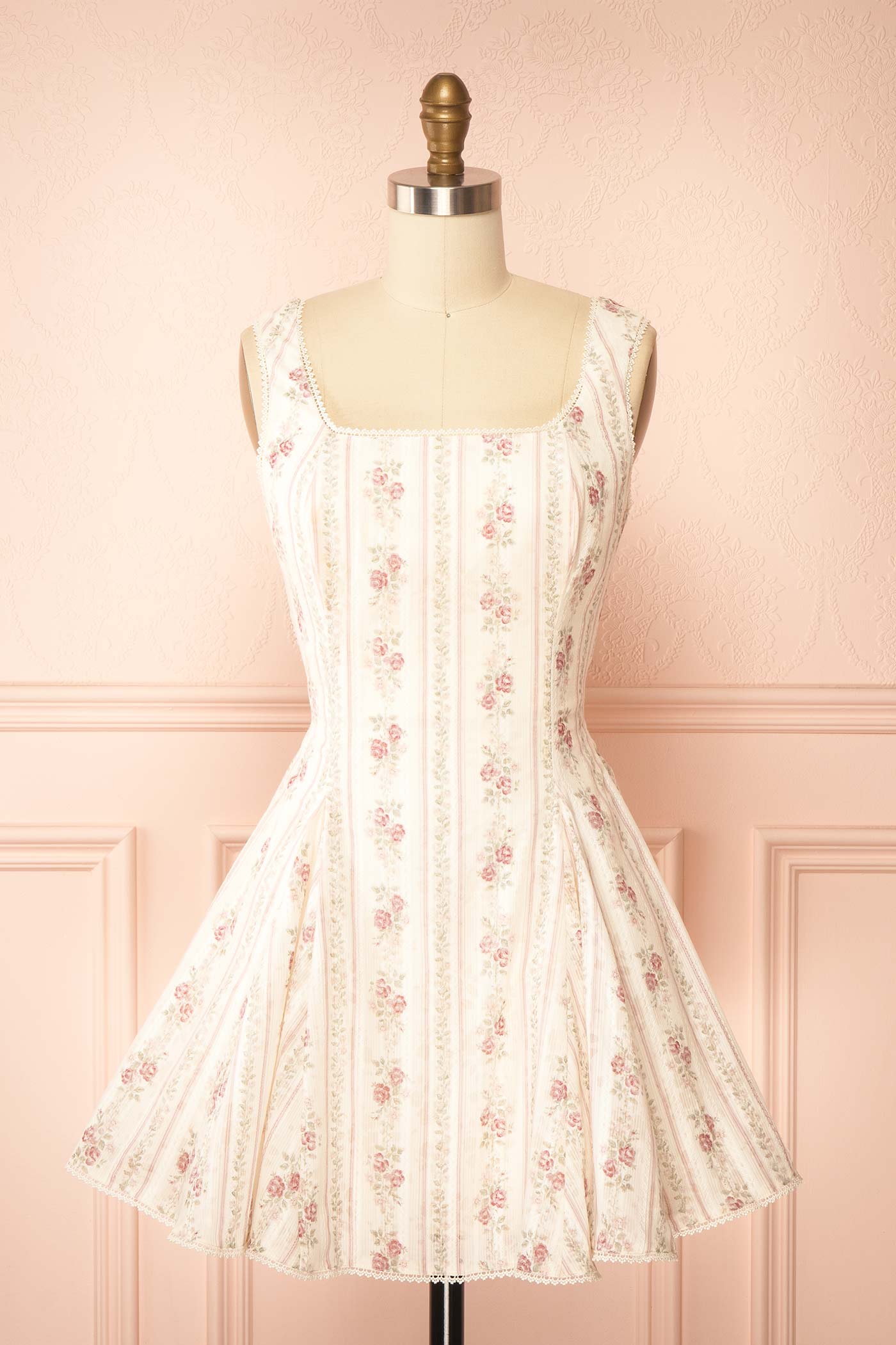 Frontview Theane Pink Floral Short Dress with Back Bow at la boutique 1861