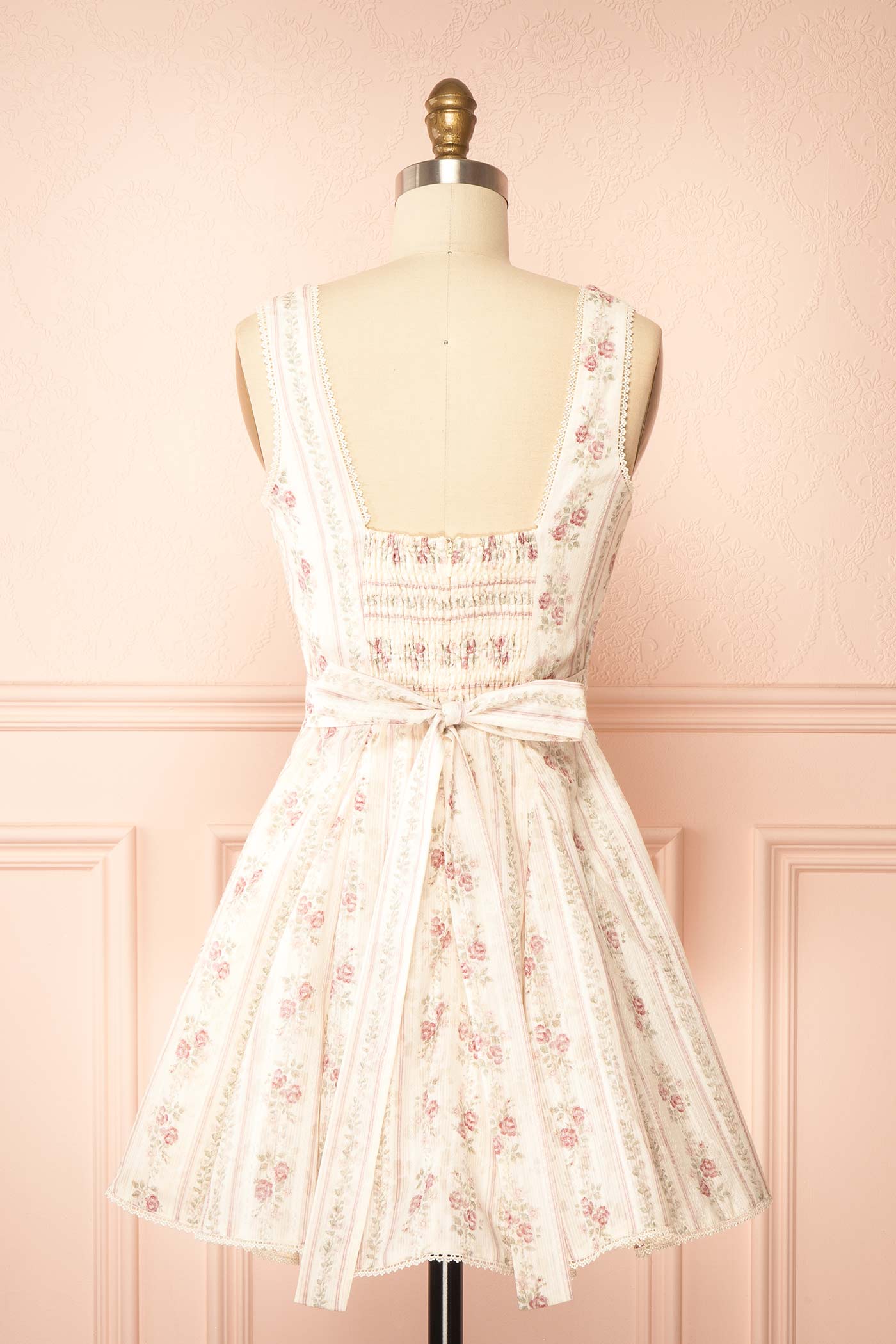 Backview Theane Pink Floral Short Dress with Back Bow at la boutique 1861