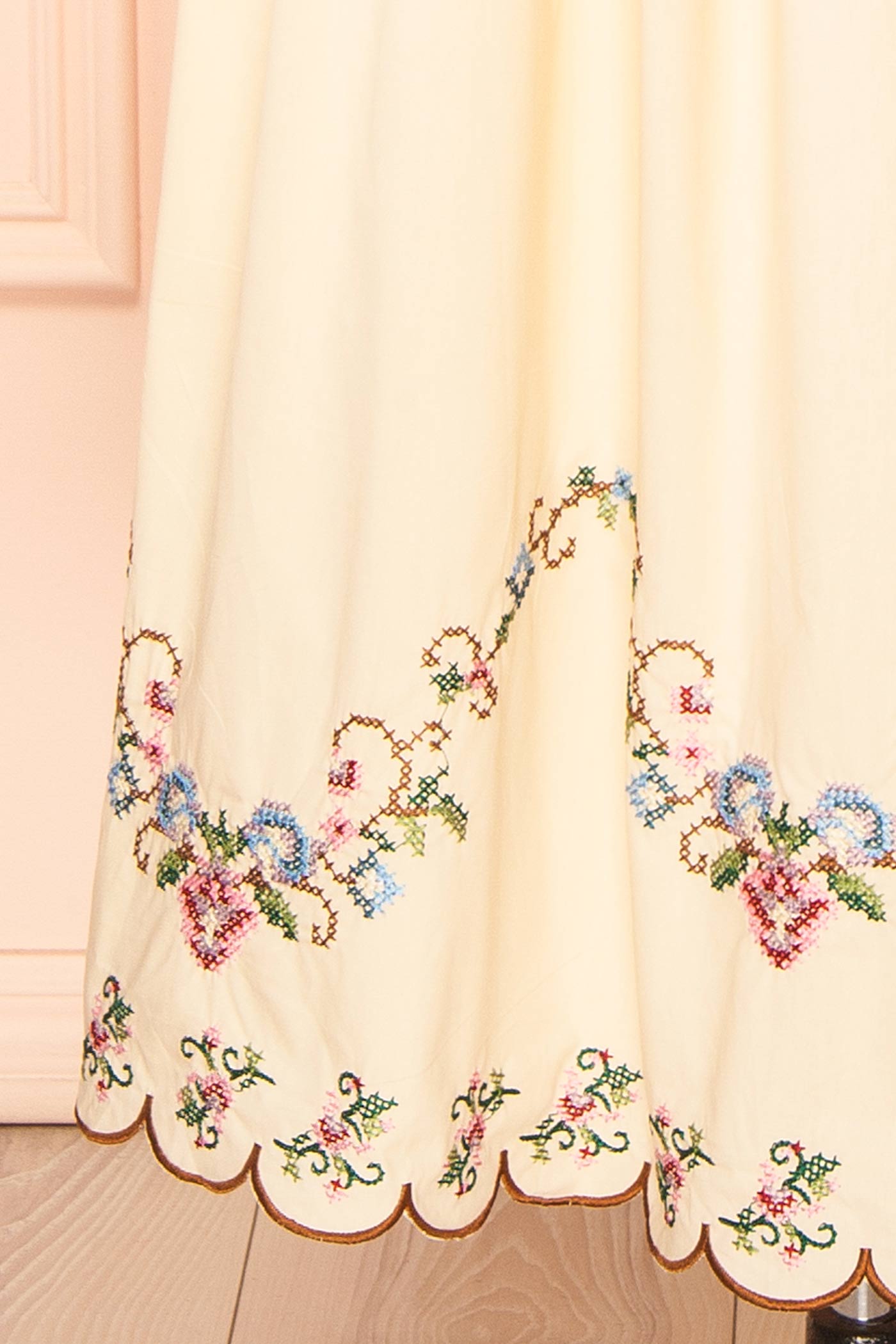 Close-up Thecle Beige Embroidered Midi Skirt at boutique 1861
