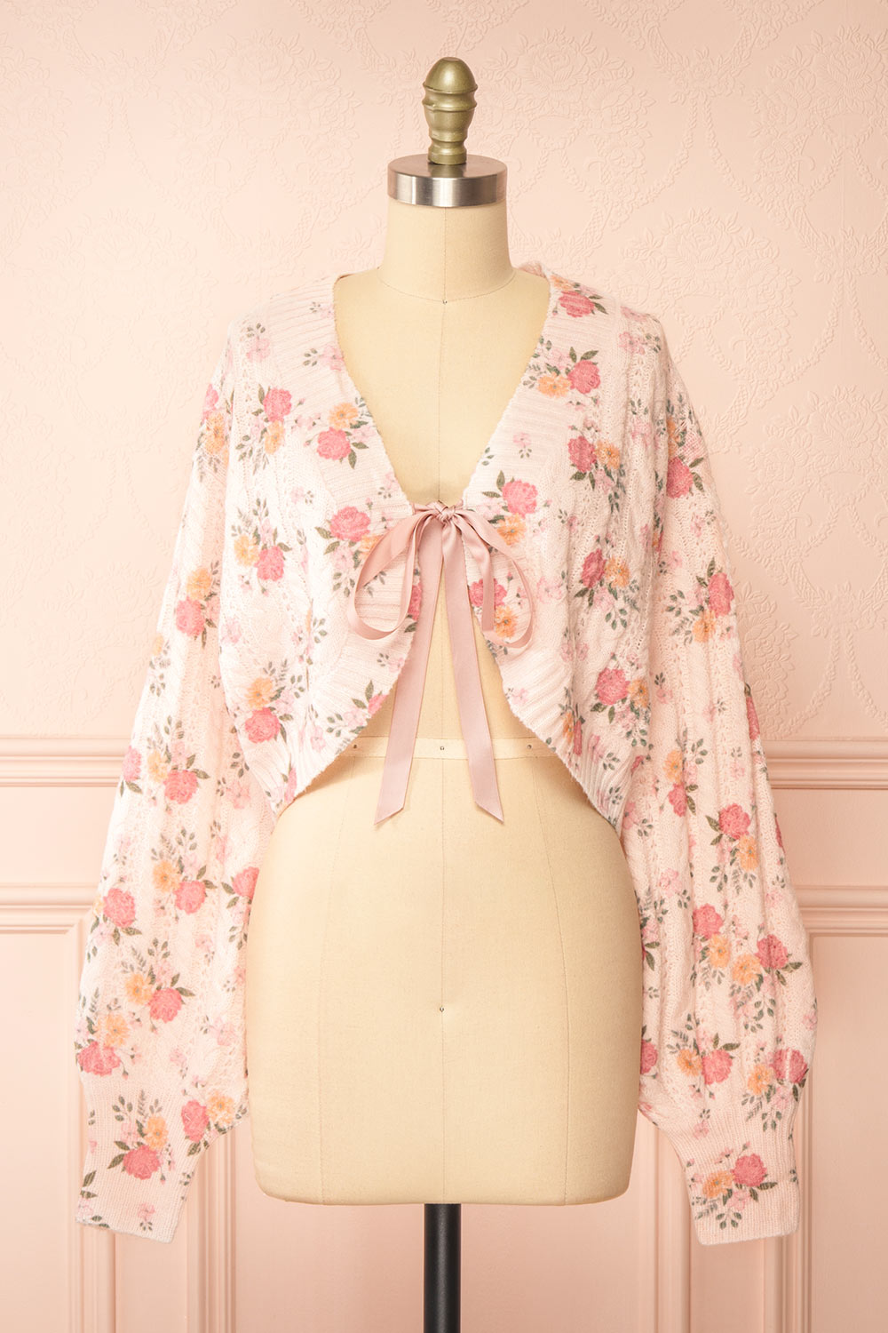 Thekia Pink Cropped Floral Knit Cardigan | Boutique 1861 front view