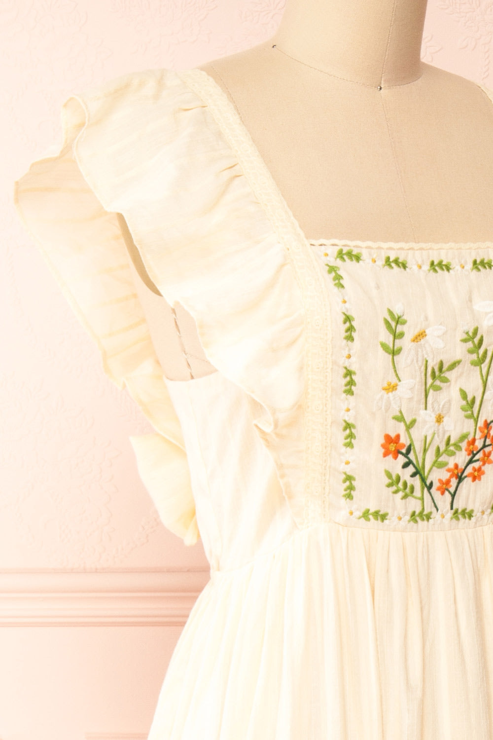 Thora Beige Midi Dress w/ Floral Embroidery | Boutique 1861 side close-up