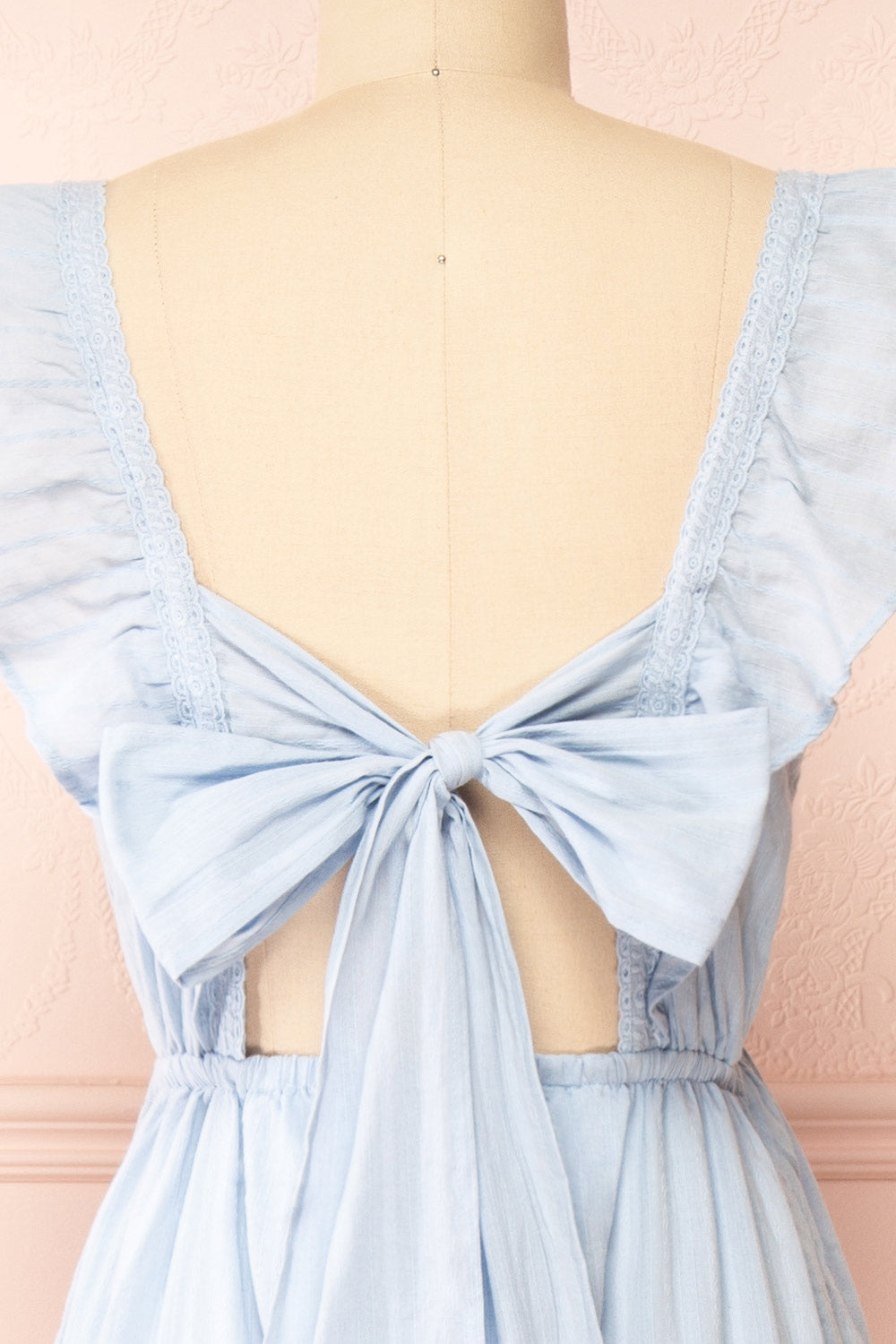 Thora Blue Midi Dress w/ Floral Embroidery | Boutique 1861 back close-up