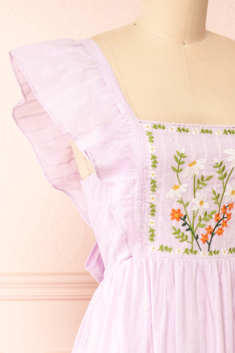 Thora Lilac Midi Dress w/ Floral Embroidery | Boutique 1861 side close-up
