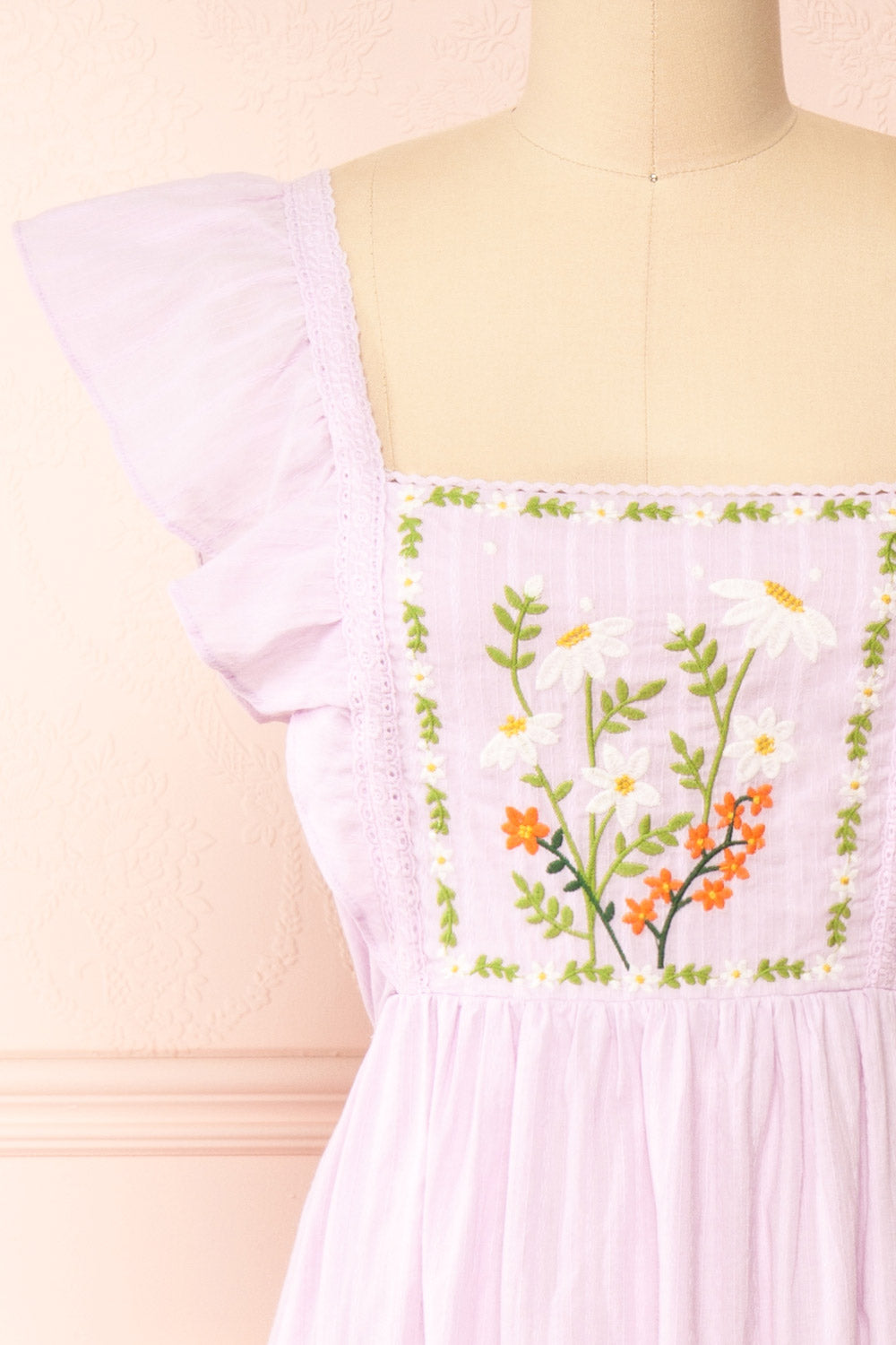 Thora Lilac Midi Dress w/ Floral Embroidery | Boutique 1861 front close-up