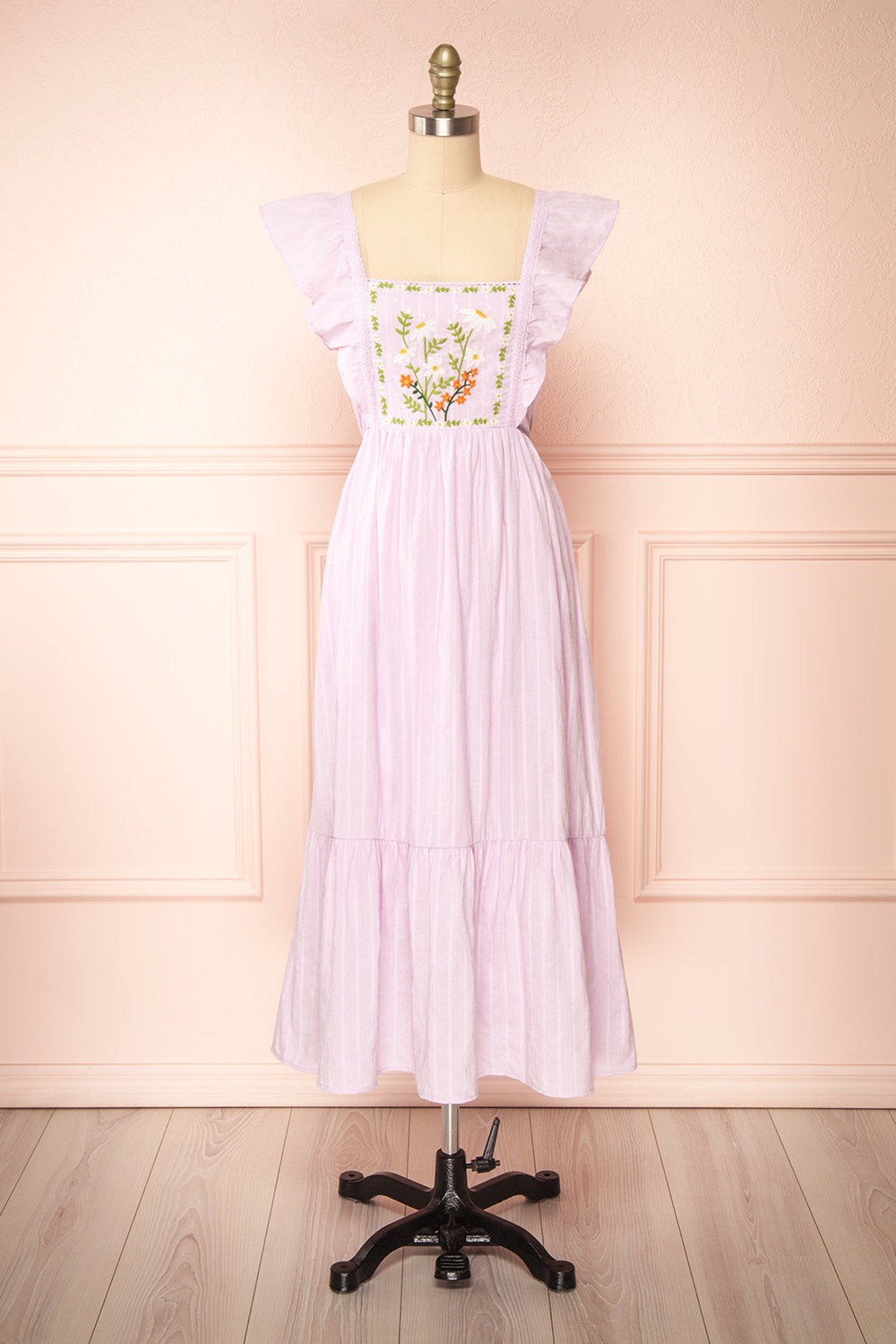 Thora Lilac Midi Dress w/ Floral Embroidery | Boutique 1861 front view