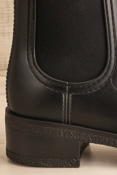Thornbury Black Matte Ankle Rain Boots | La petite garçonne side heel close-up
