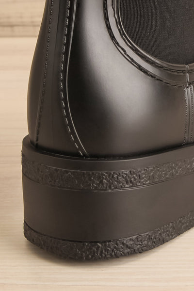 Thornbury Black Matte Ankle Rain Boots | La petite garçonne back heel close-up