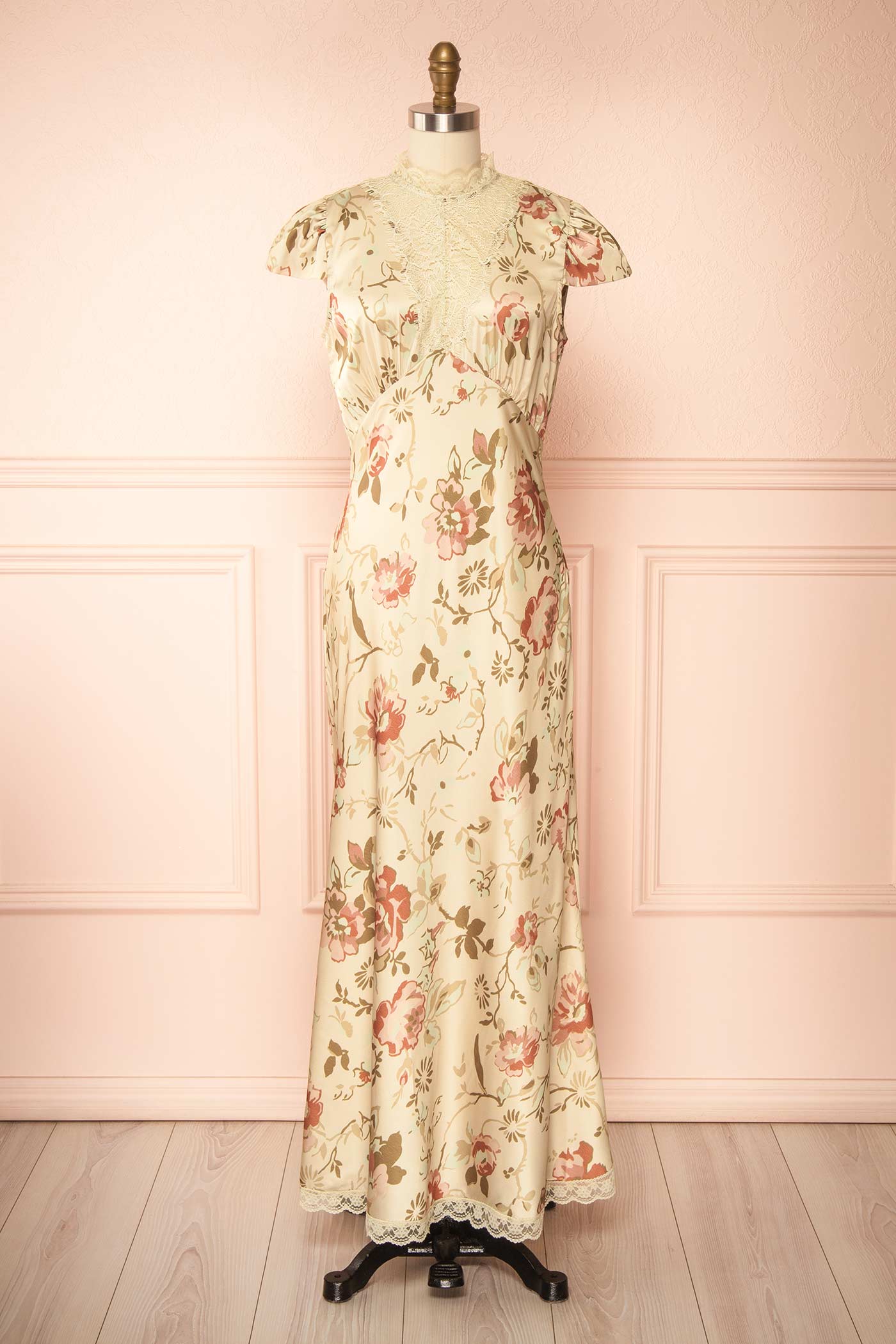 Tieran Sage Floral Satin Maxi Dress with Lace | Boutique 1861 front