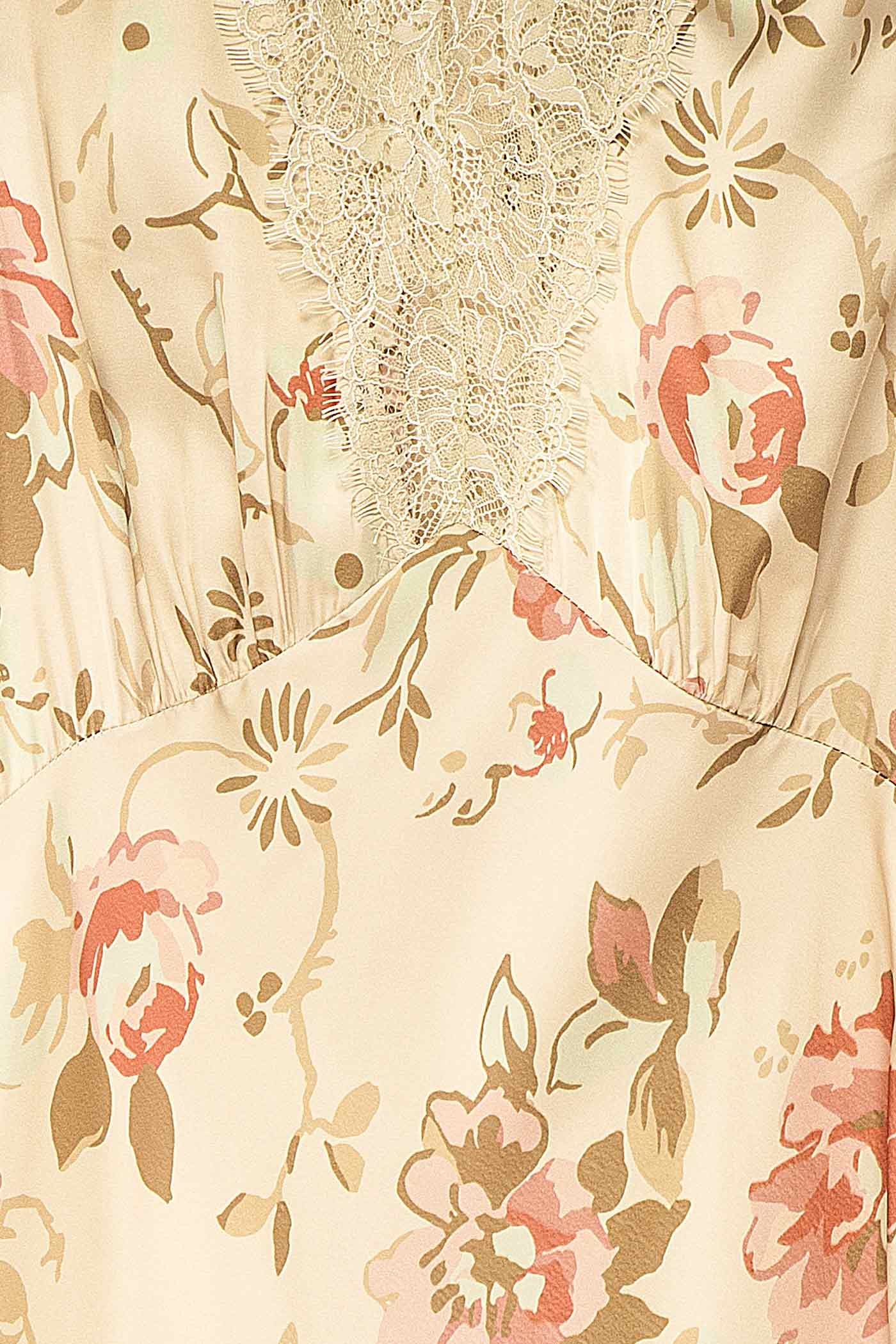 Tieran Sage Floral Satin Maxi Dress with Lace | Boutique 1861 fabric