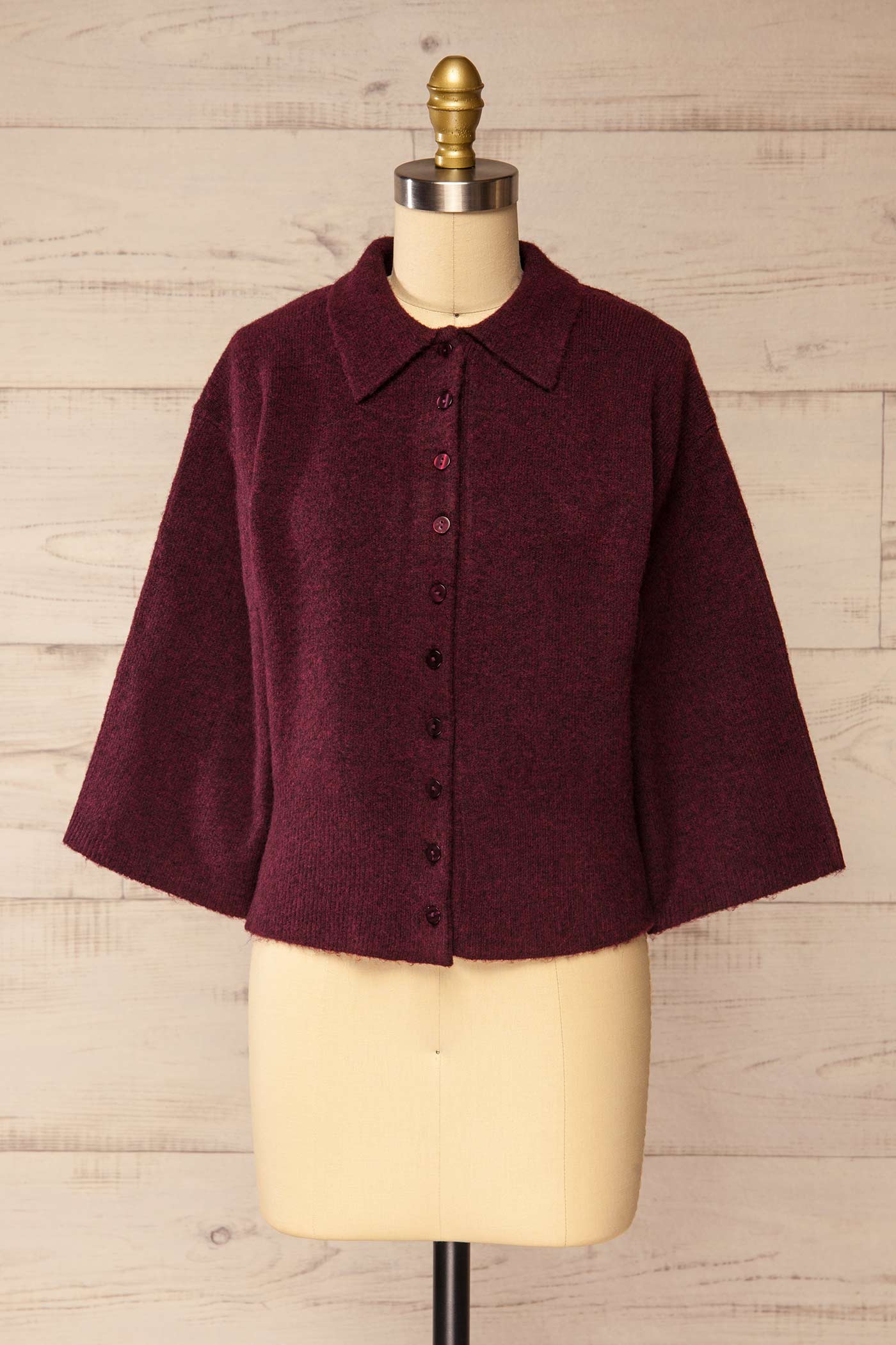 front view of Tierbo Burgundy Cardigan with 3/4 Sleeves at La petite garçonne