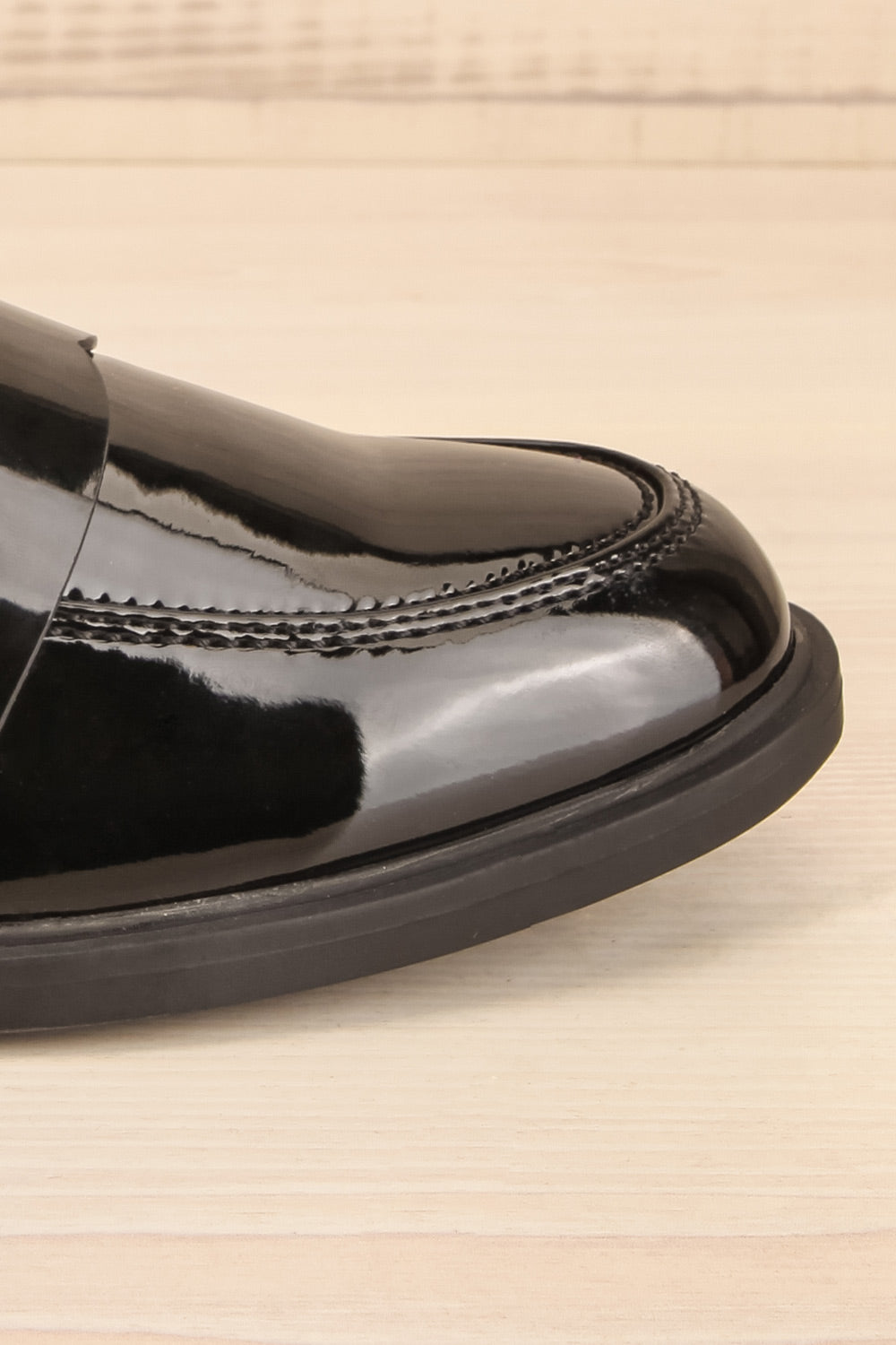 Toro Black Glossy Loafers | La petite garçonne side front close-up