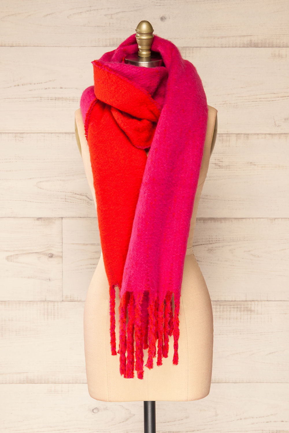 Tostado Soft Fuzzy Knitted Pink & Red Scarf | La petite garçonne view