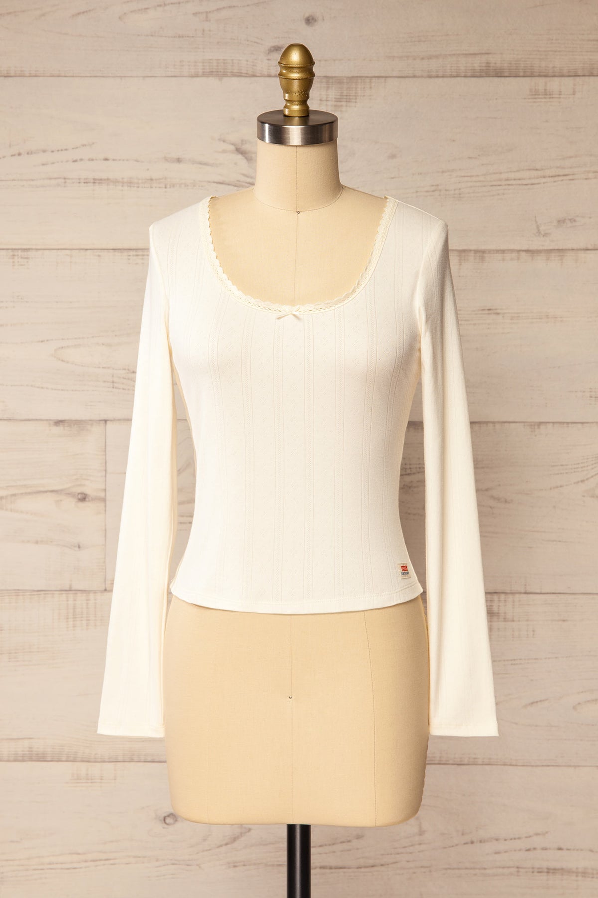 front view of Toulal Ivory Lace-Trim Pointelle Long-Sleeve Top at La petite garçonne