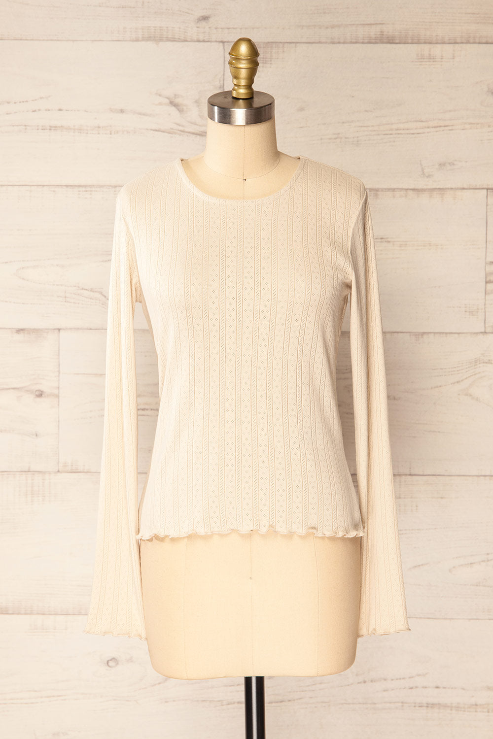 Toulon Beige Long Sleeve Lace-Knit Top | La petite garçonne front view