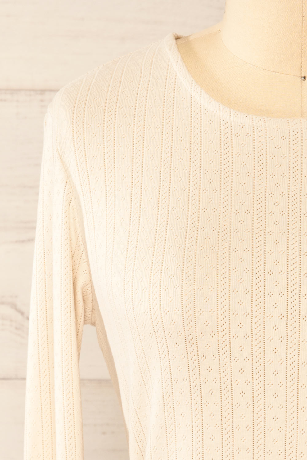 Toulon Beige Long Sleeve Lace-Knit Top | La petite garçonne front close-up
