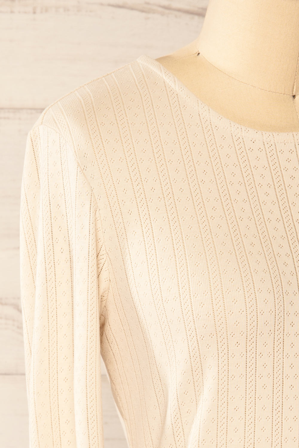Toulon Beige Long Sleeve Lace-Knit Top | La petite garçonne side close-up