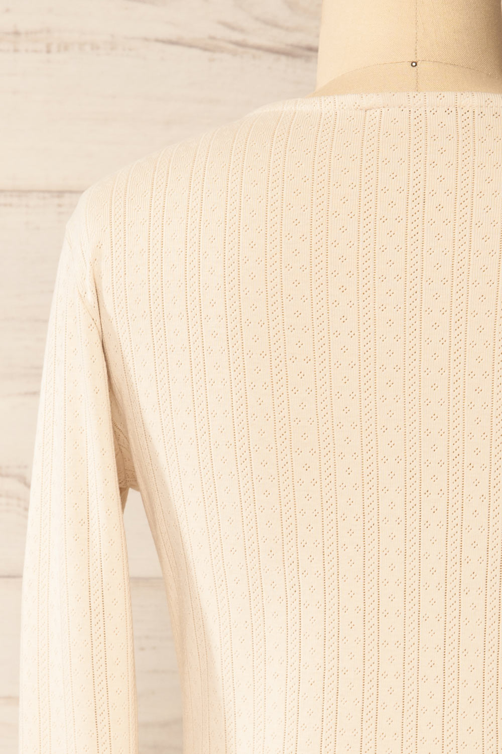 Toulon Beige Long Sleeve Lace-Knit Top | La petite garçonne back close-up