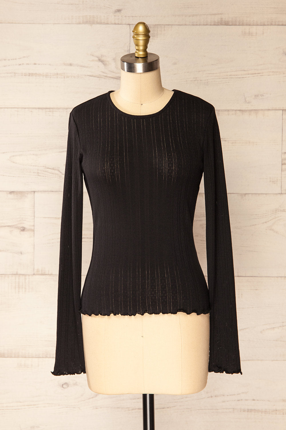 Toulon Black Long Sleeve Lace-Knit Top | La petite garçonne front view