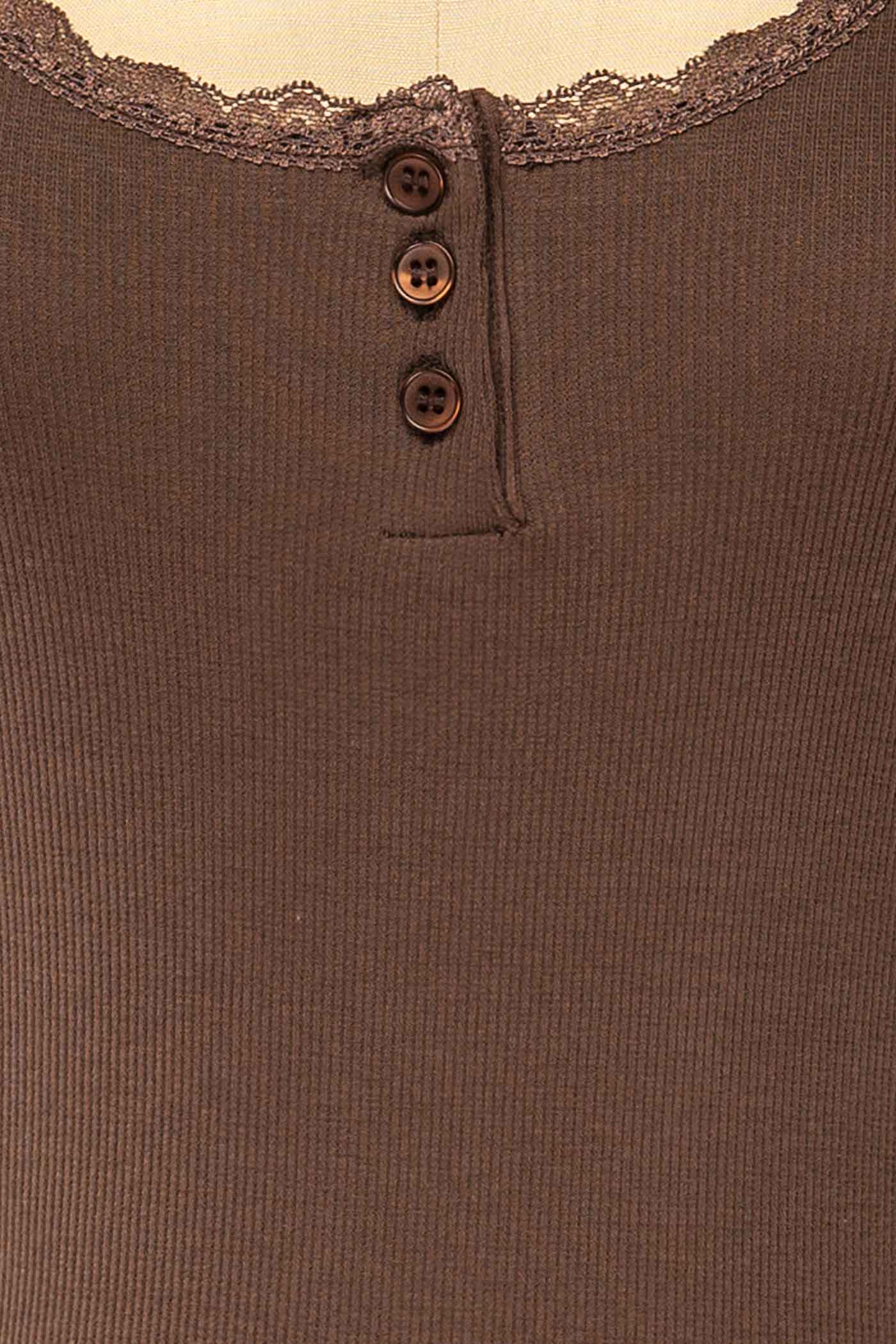 Trento Brown Long Sleeves Top with Lace Trim | La petite garçonne fabric