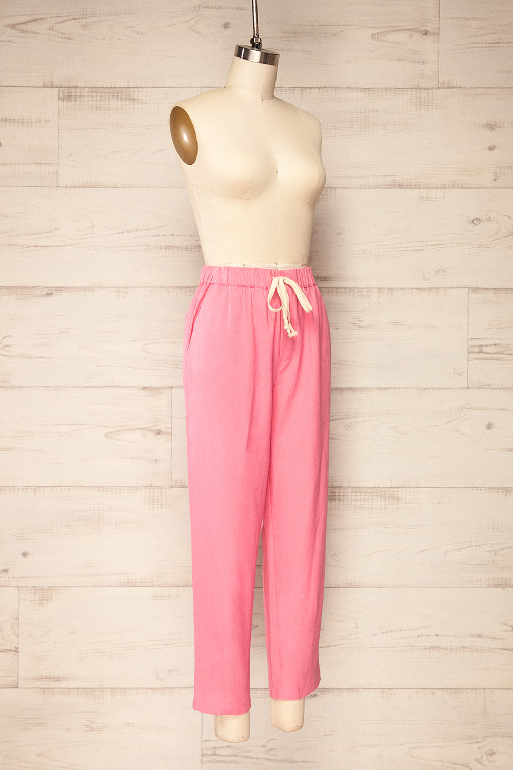 Trincao Pink Linen Pants with Drawstrings | La petite garçonne side view