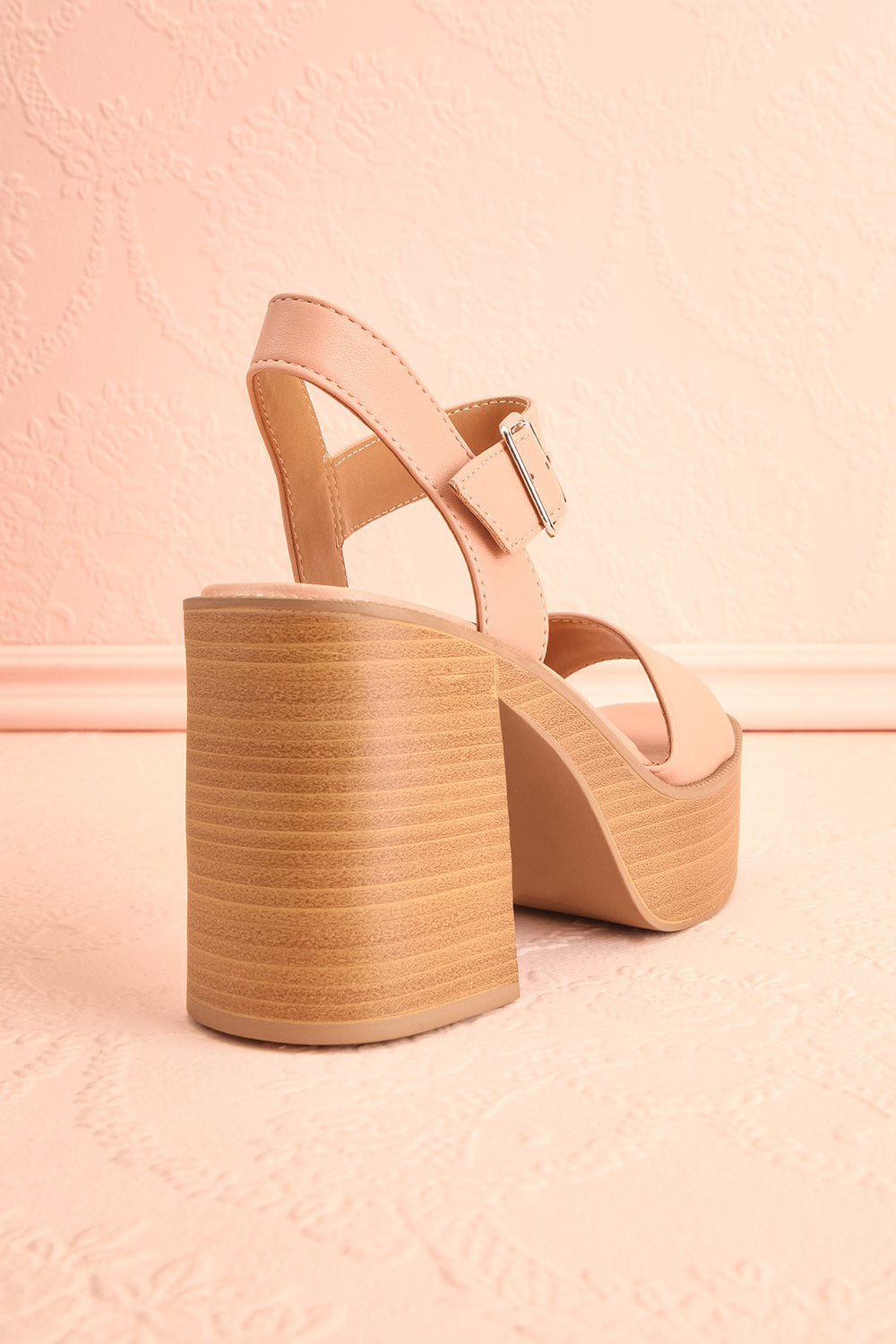 Turbo Beige Heeled Wooden Platform Sandals | Boutique 1861 back close-up