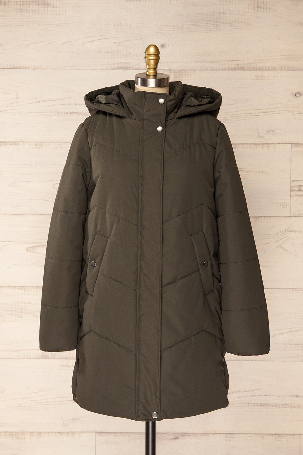 Tuvalu Khaki Quilted Coat w/ Side Vents | La petite garçonne front view