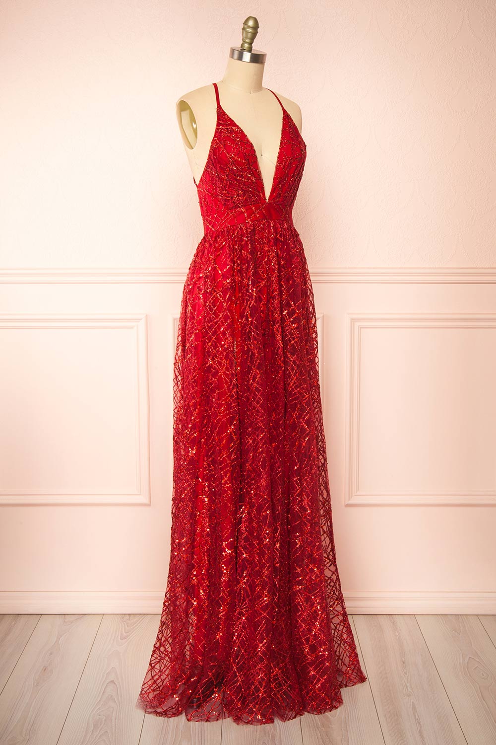 Tyffen Burgundy Sequin Maxi Dress | Boutique 1861 side view