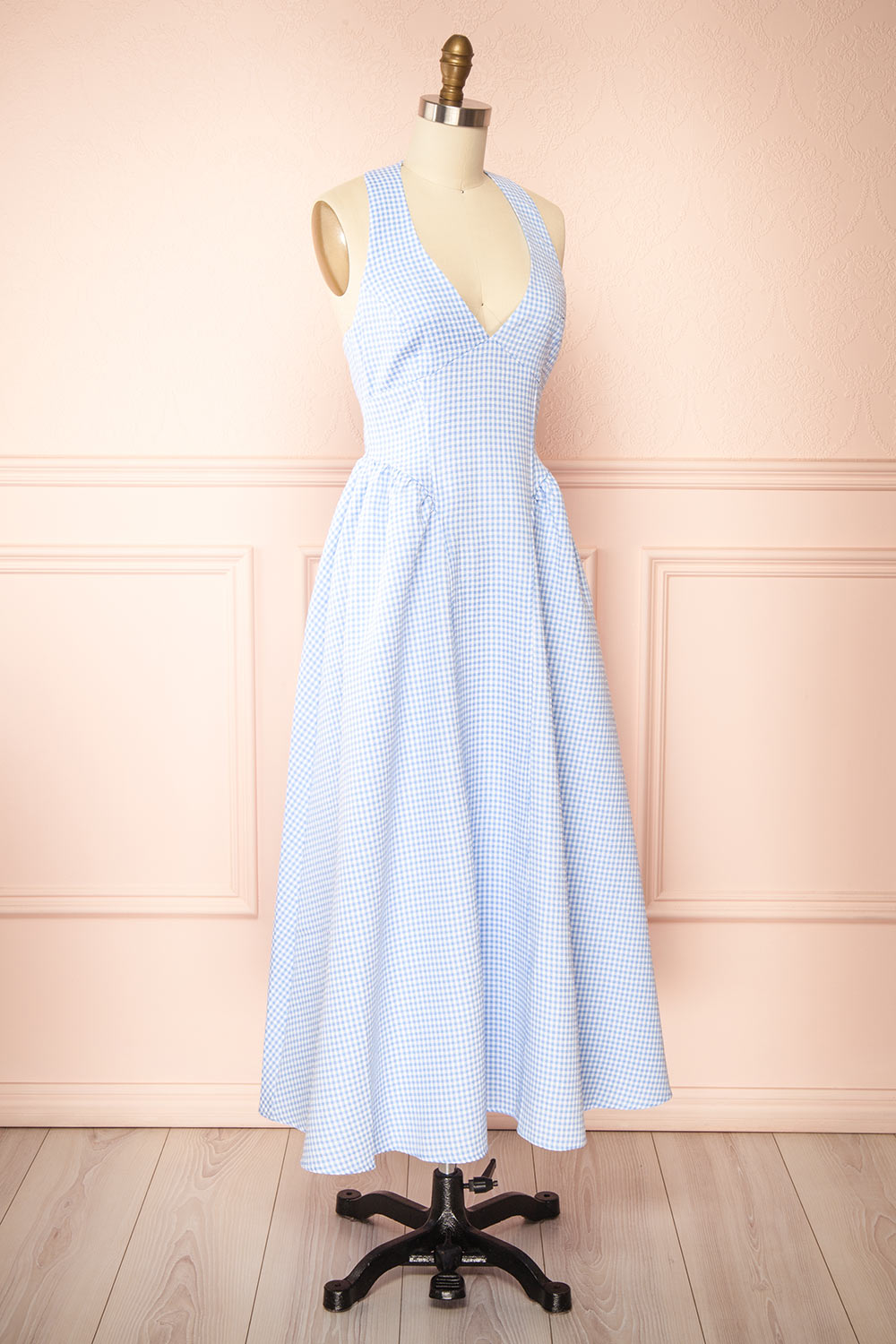 Typhanie Long Halter Gingham Dress | Boutique 1861 side view