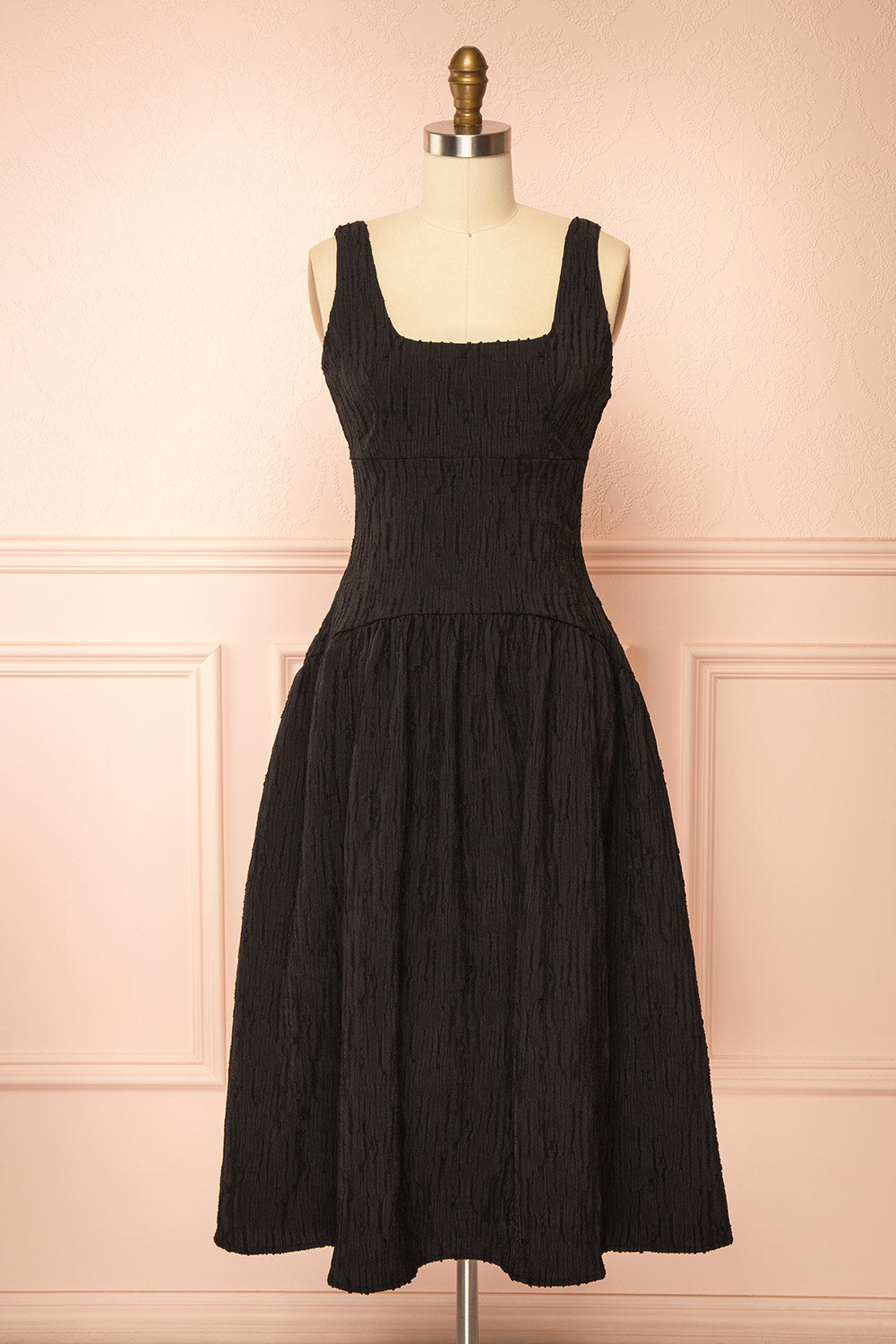 Tyrah Black Midi Dress with Drop Waist | Boutique 1861 front view
