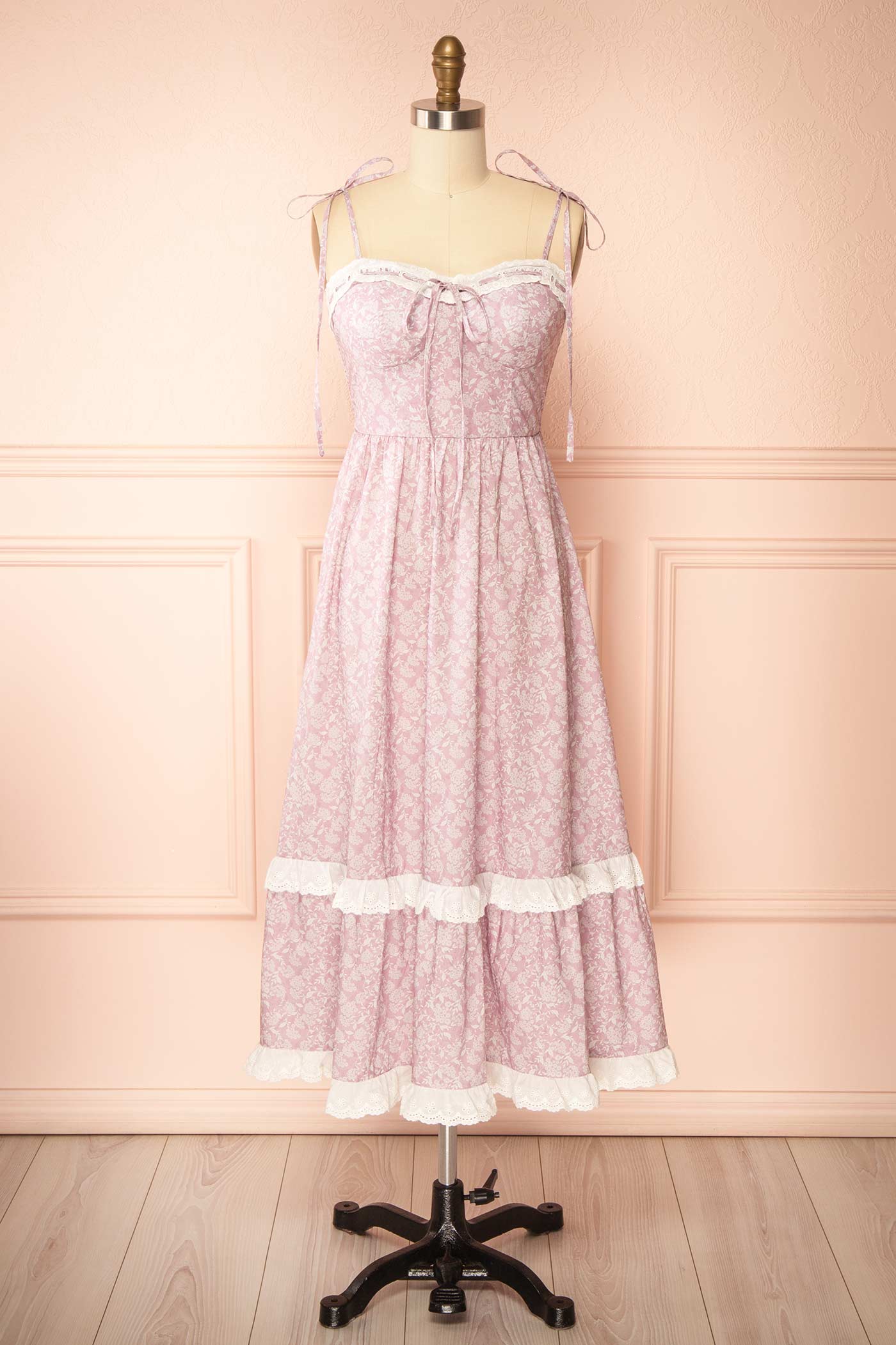 Frontview Uluria Pink Floral Midi Dress with Sweetheart Neckline at boutique 1861
