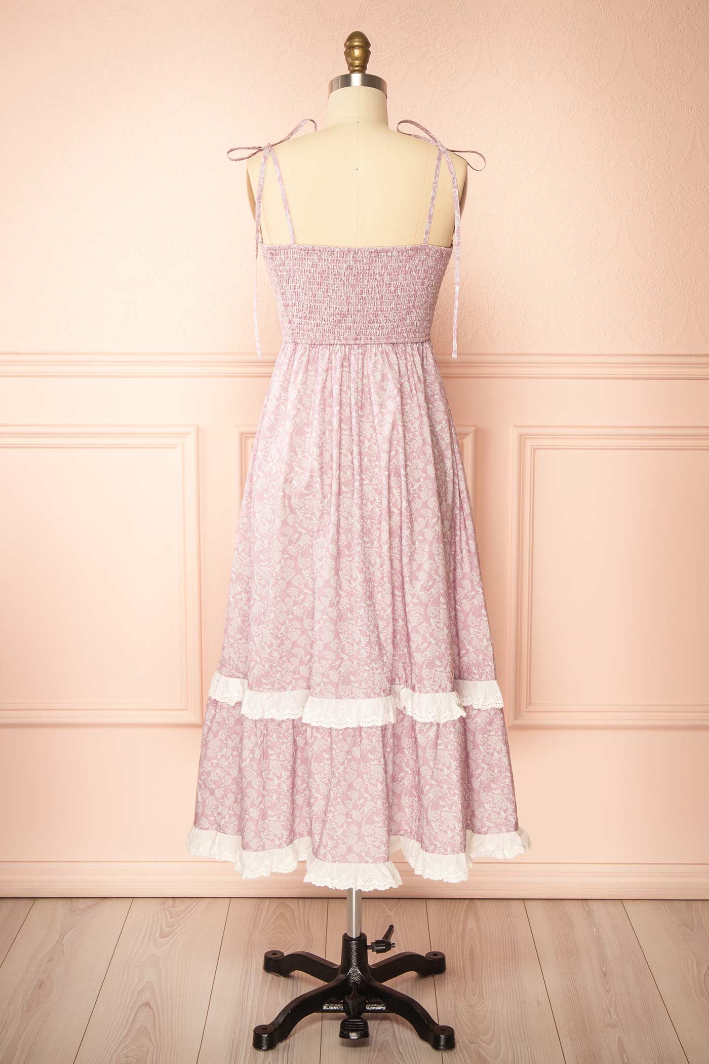 Backview Uluria Pink Floral Midi Dress with Sweetheart Neckline at boutique 1861