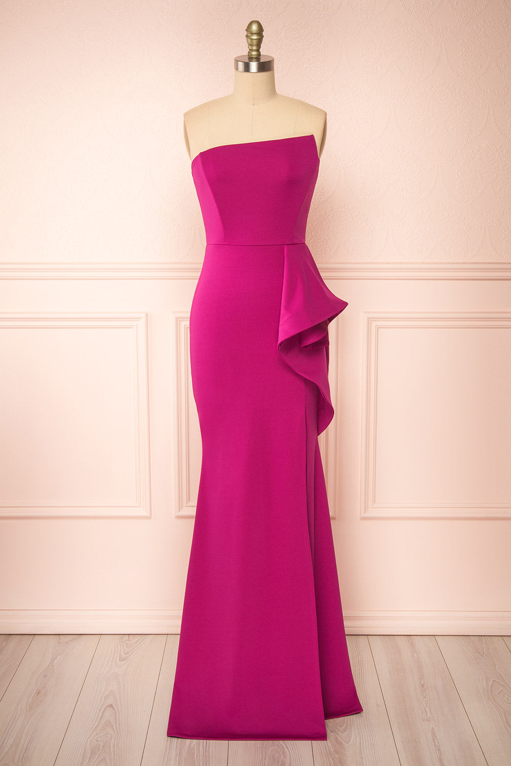 Ursuli Fuchsia Strapless Maxi Dress w/ Side Slit | Boutique 1861 front view
