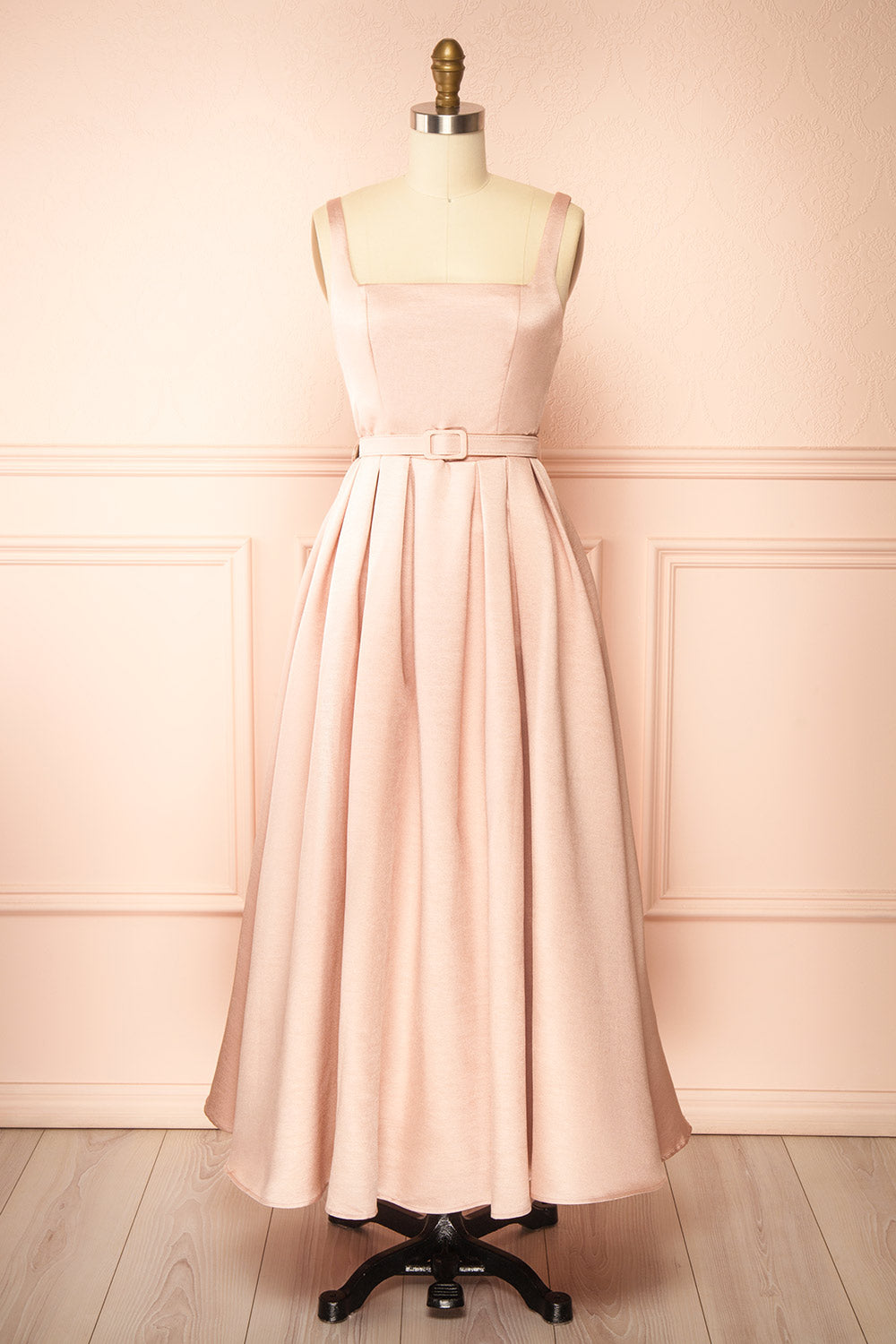 Usagi Pink A-Line Dress with Square Neckline with Belt | Boutique 1861 front view