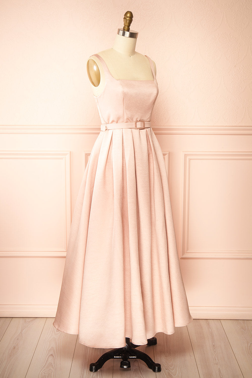 Usagi Pink A-Line Dress with Square Neckline with Belt | Boutique 1861 side view