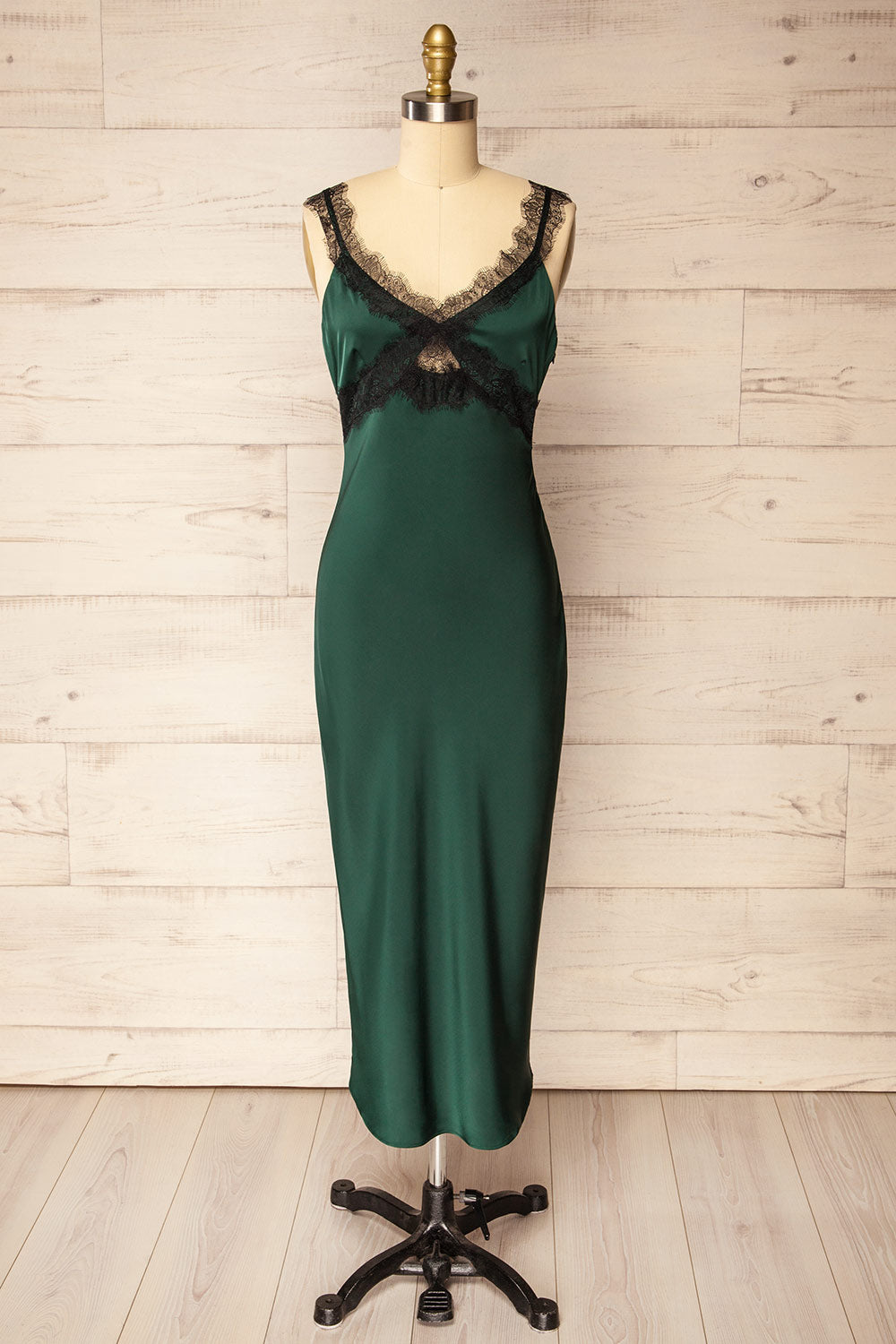 Valencienne Green Satin Dress w/ Black Lace | La petite garçonne front view