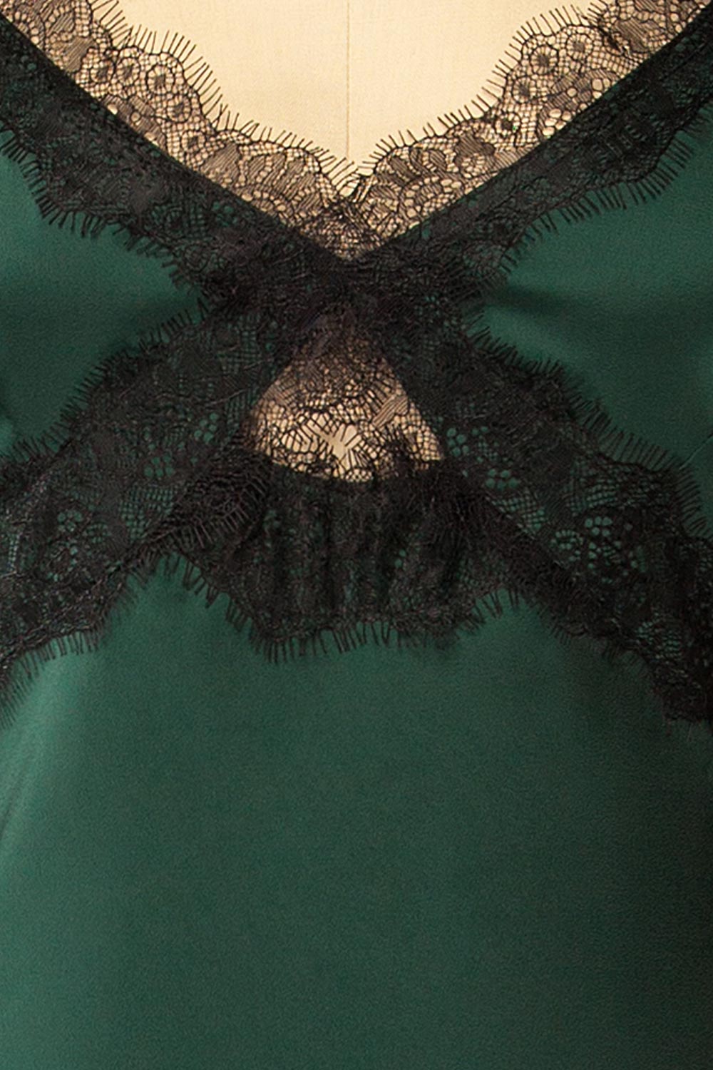 Valencienne Green Satin Dress w/ Black Lace | La petite garçonne fabric