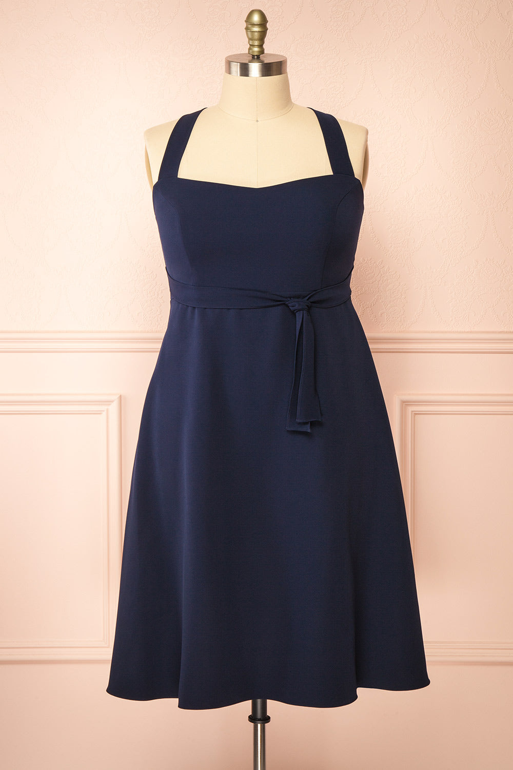 Valentina Navy Midi A-line Dress with Adjustable Straps | Boutique 1861 front plus size