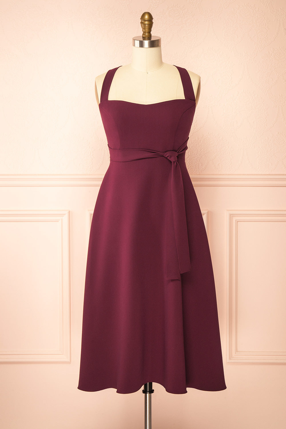 Valentina Burgundy Midi A-line Dress with Adjustable Straps | Boutique 1861 front view