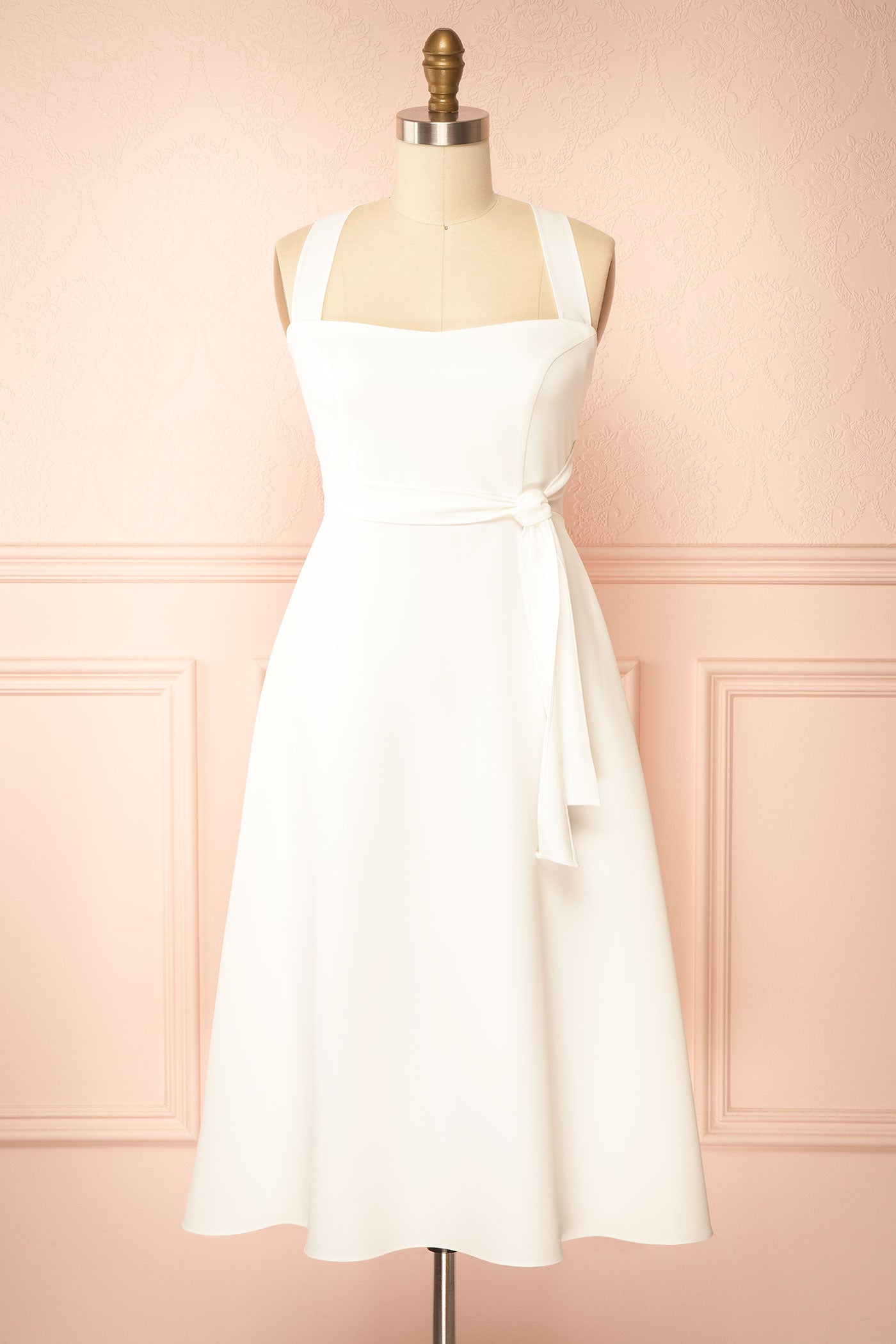 Valentina White Midi A-line Dress with Adjustable Straps by Arti Gogna | Boudoir 1861 front