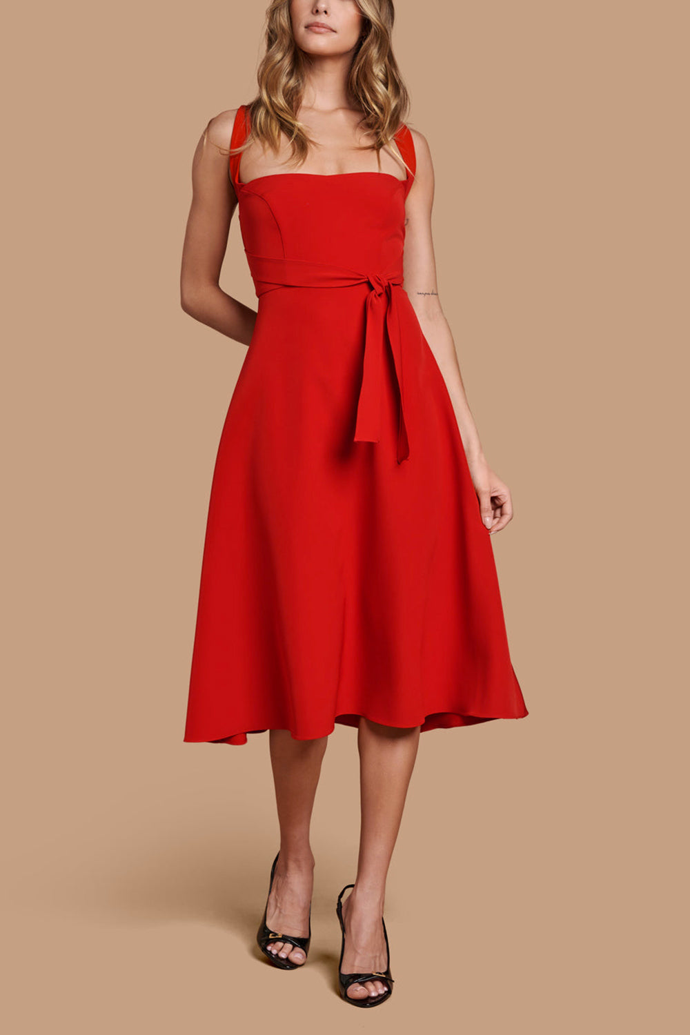 Valentina Red Midi A-line Dress w/ Adjustable Straps | Boutique 1861 front model