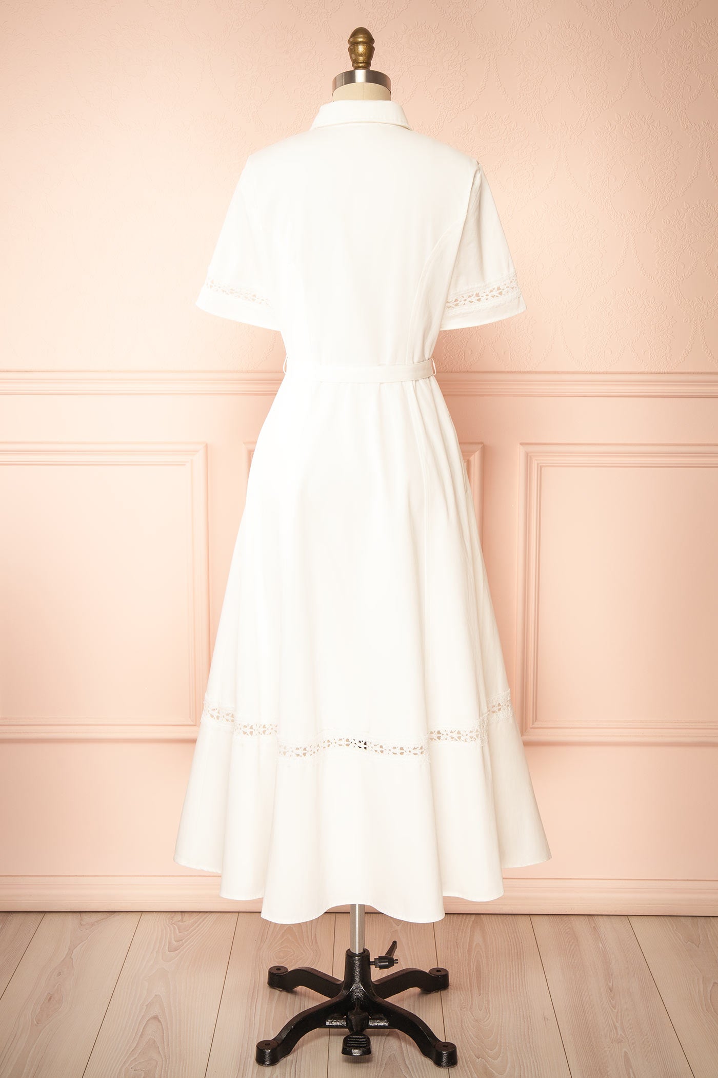 Vallis | White Eyelet Lace Trim Midi Shirt Dress with Pockets and Belt
