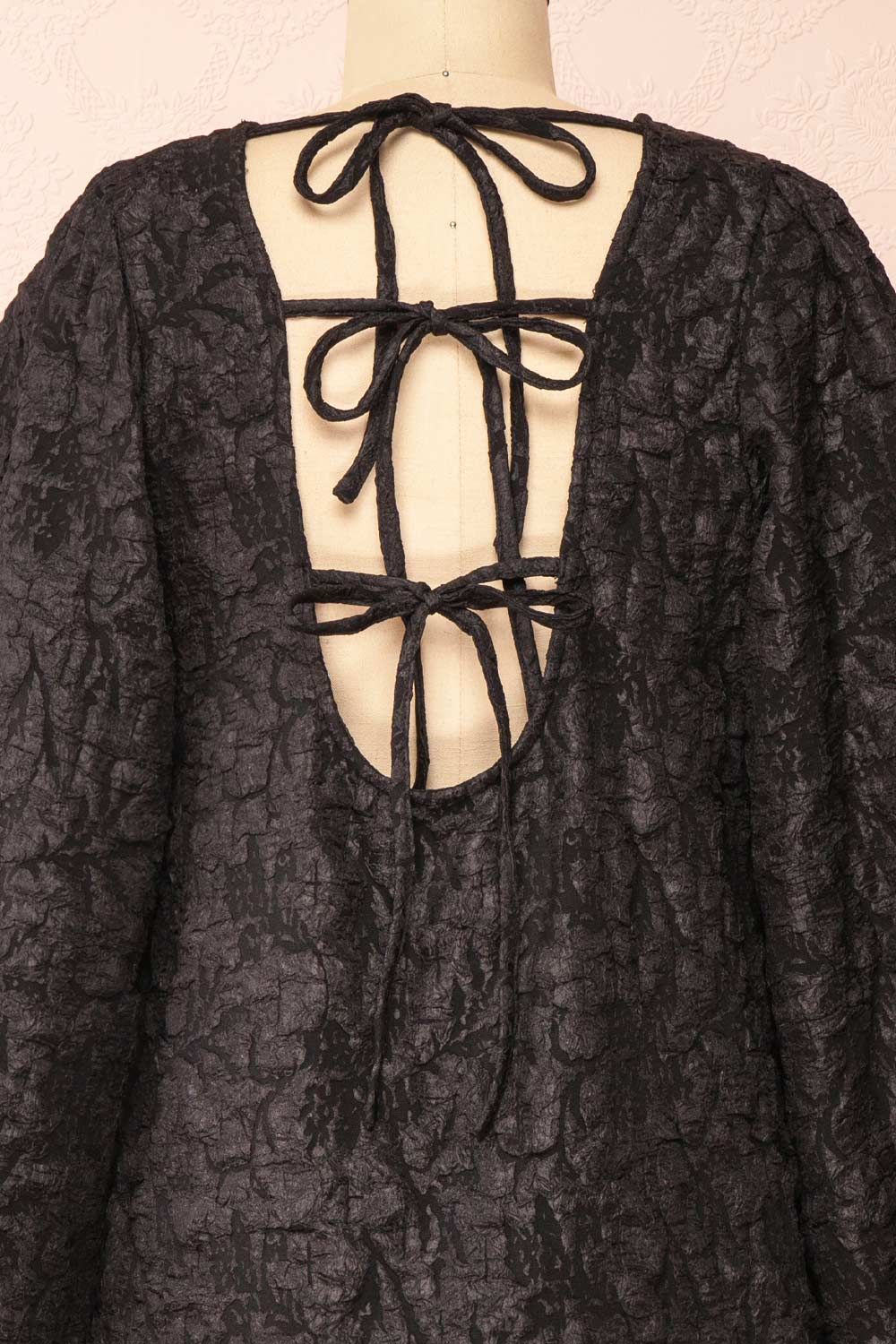 Valoria Short Black Dress w/ Puff Sleeves | Boutique 1861 front back close-up