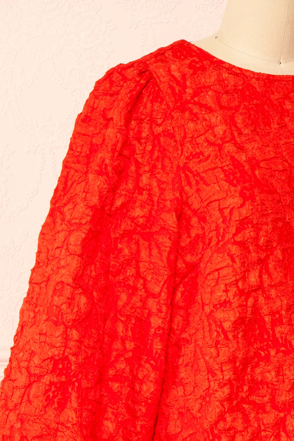 Valoria Red Short Dress w/ Puff Sleeves | Boutique 1861 side close-up