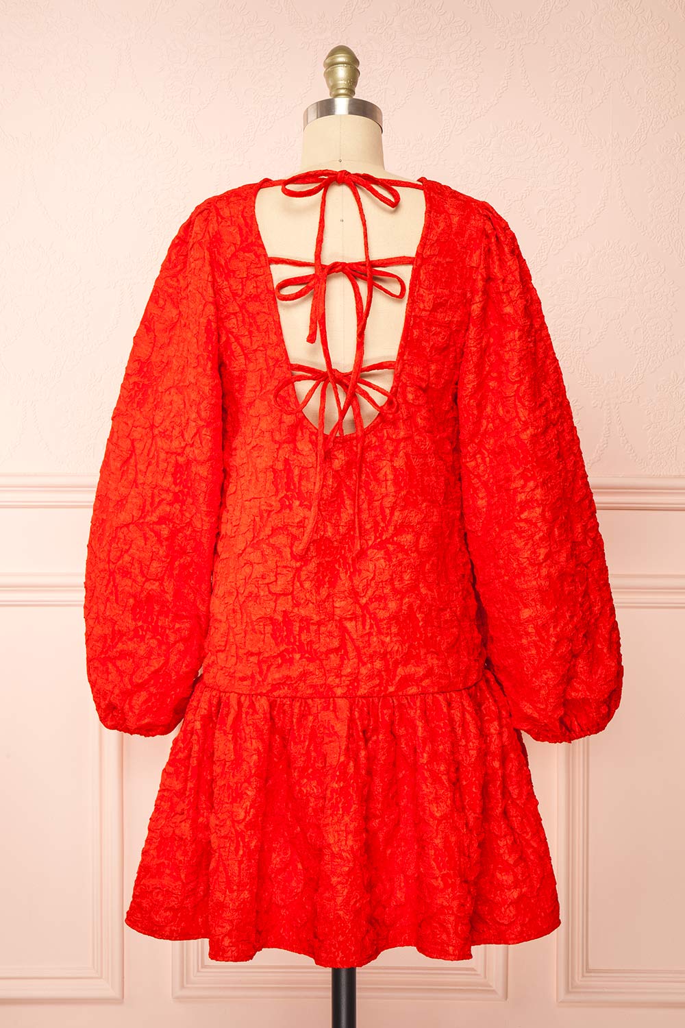 Valoria Red Short Dress w/ Puff Sleeves | Boutique 1861 back view