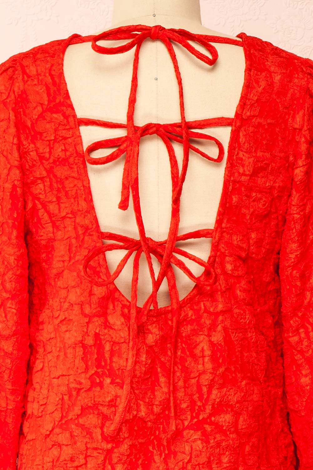 Valoria Red Short Dress w/ Puff Sleeves | Boutique 1861 back close-up